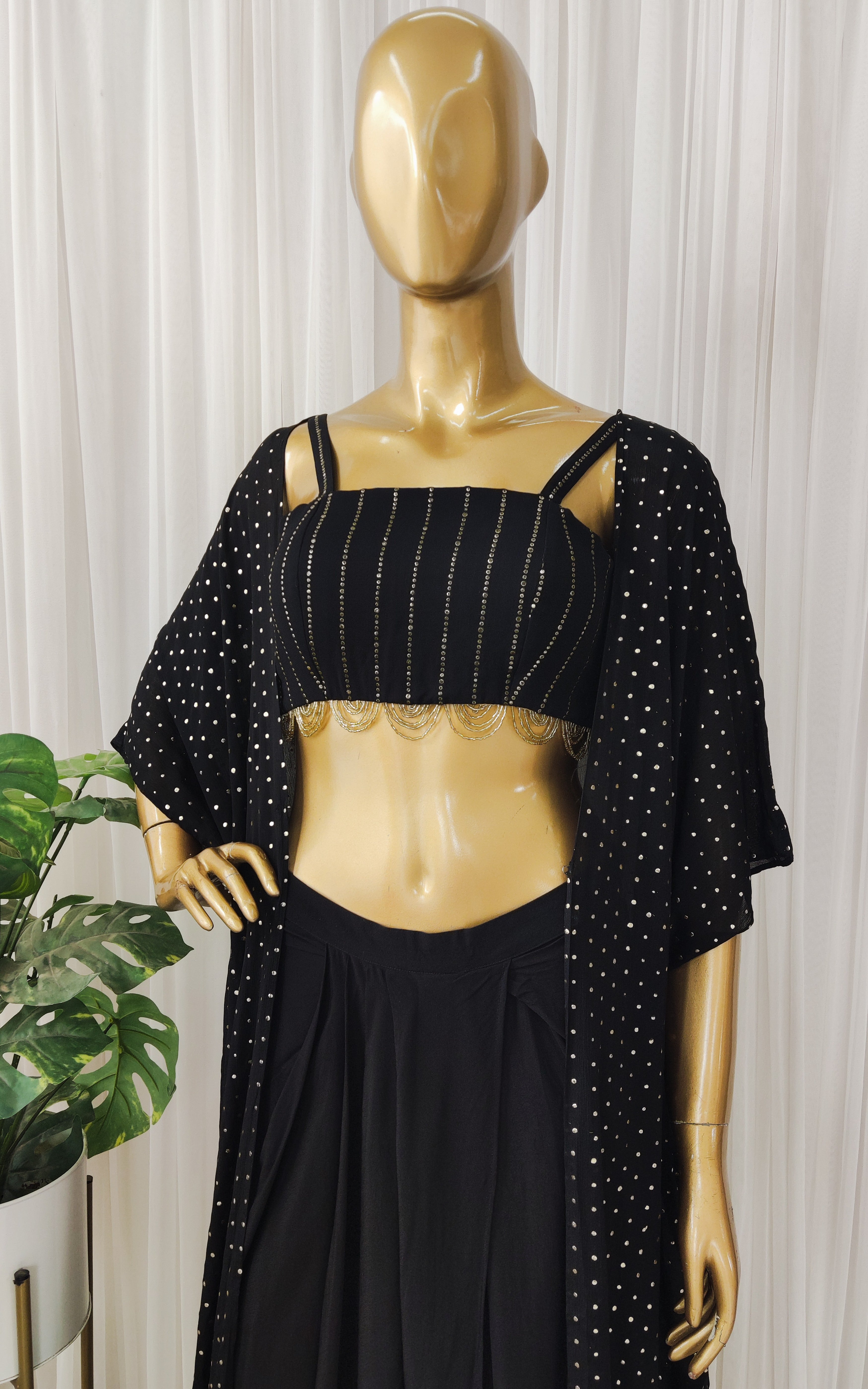 Black Mukaish Work Cape & Draped Skirt Set