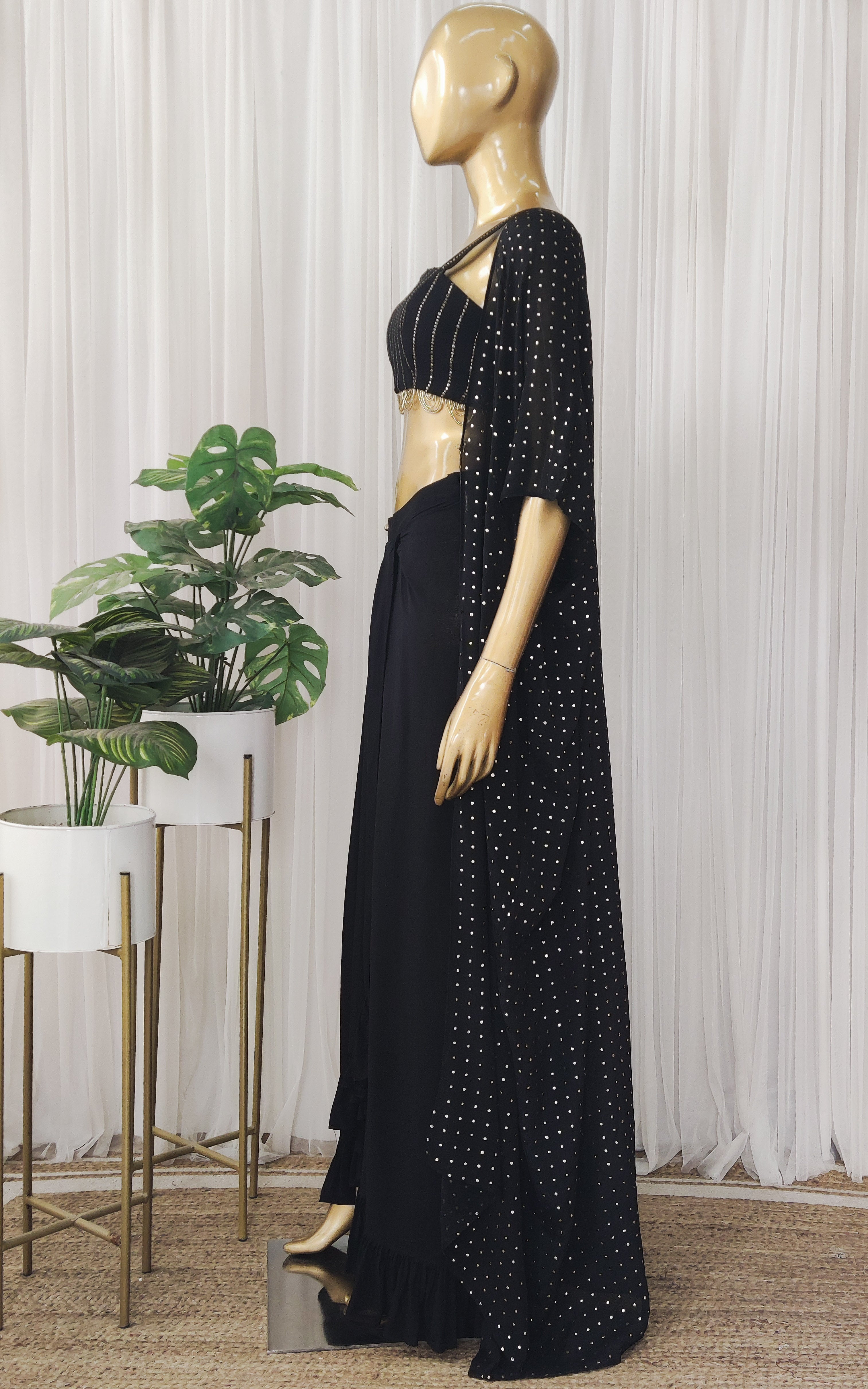 Black Mukaish Work Cape & Draped Skirt Set