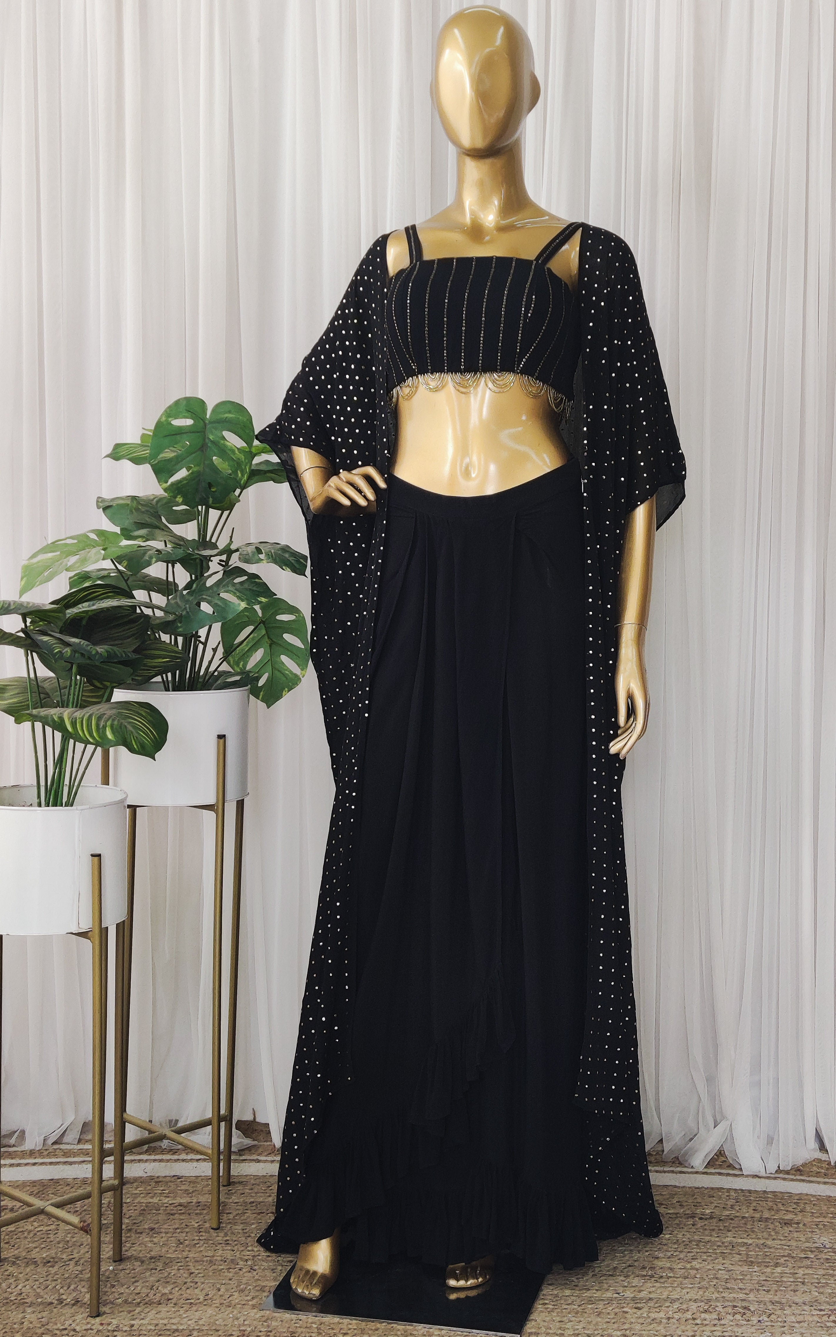 Black Mukaish Work Cape & Draped Skirt Set