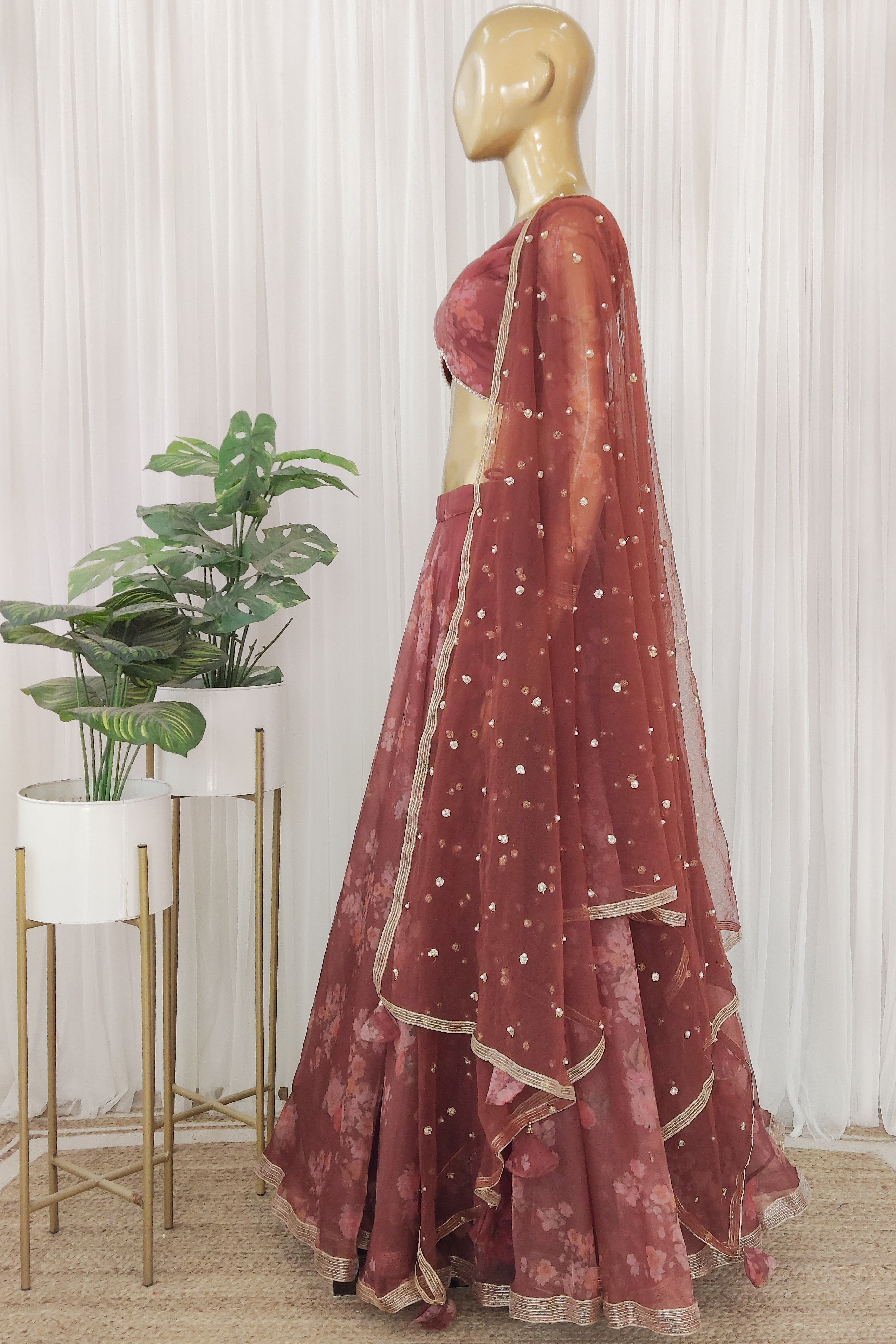 Cinnamon Floral Organza Lehenga