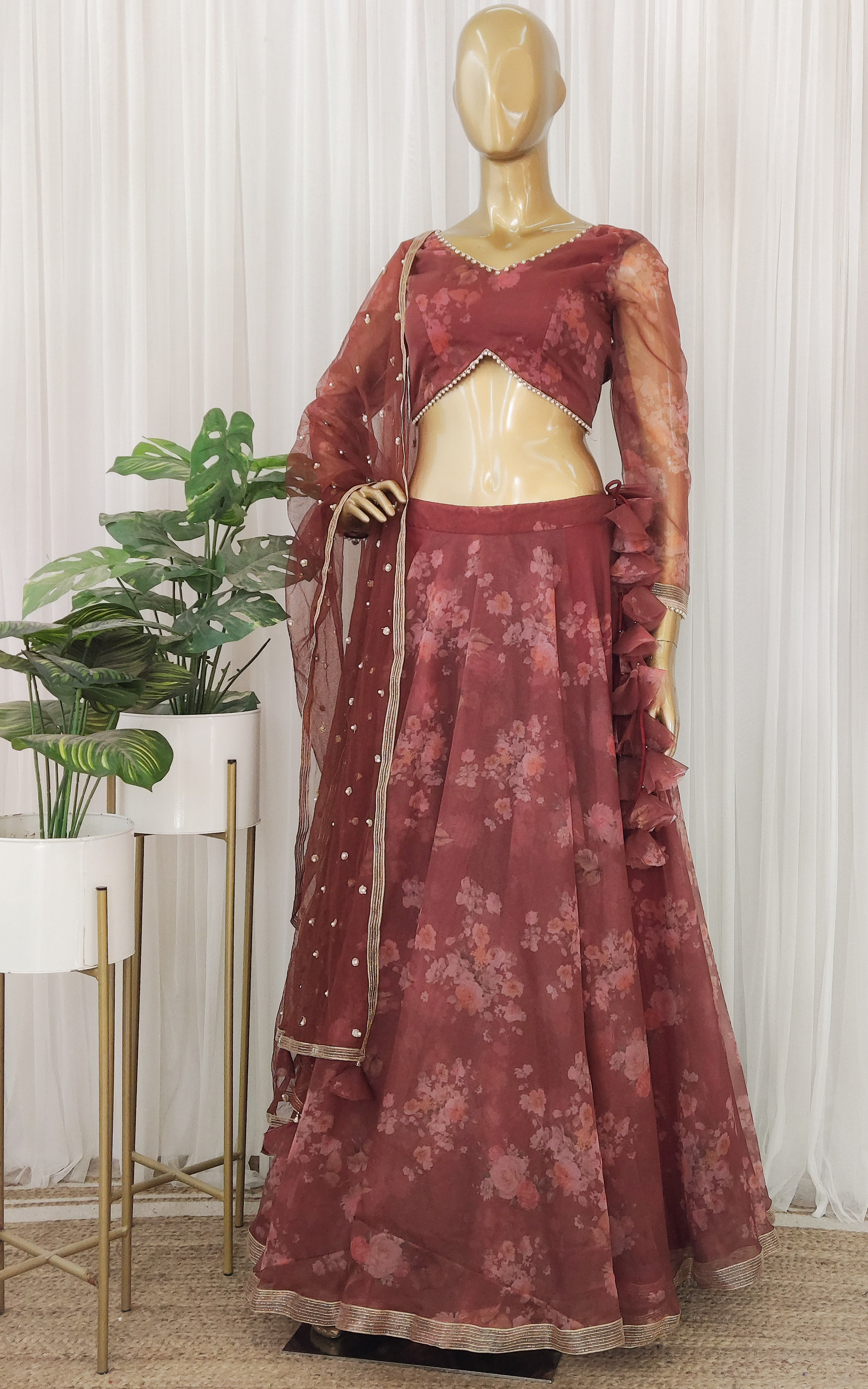 Cinnamon Floral Organza Lehenga