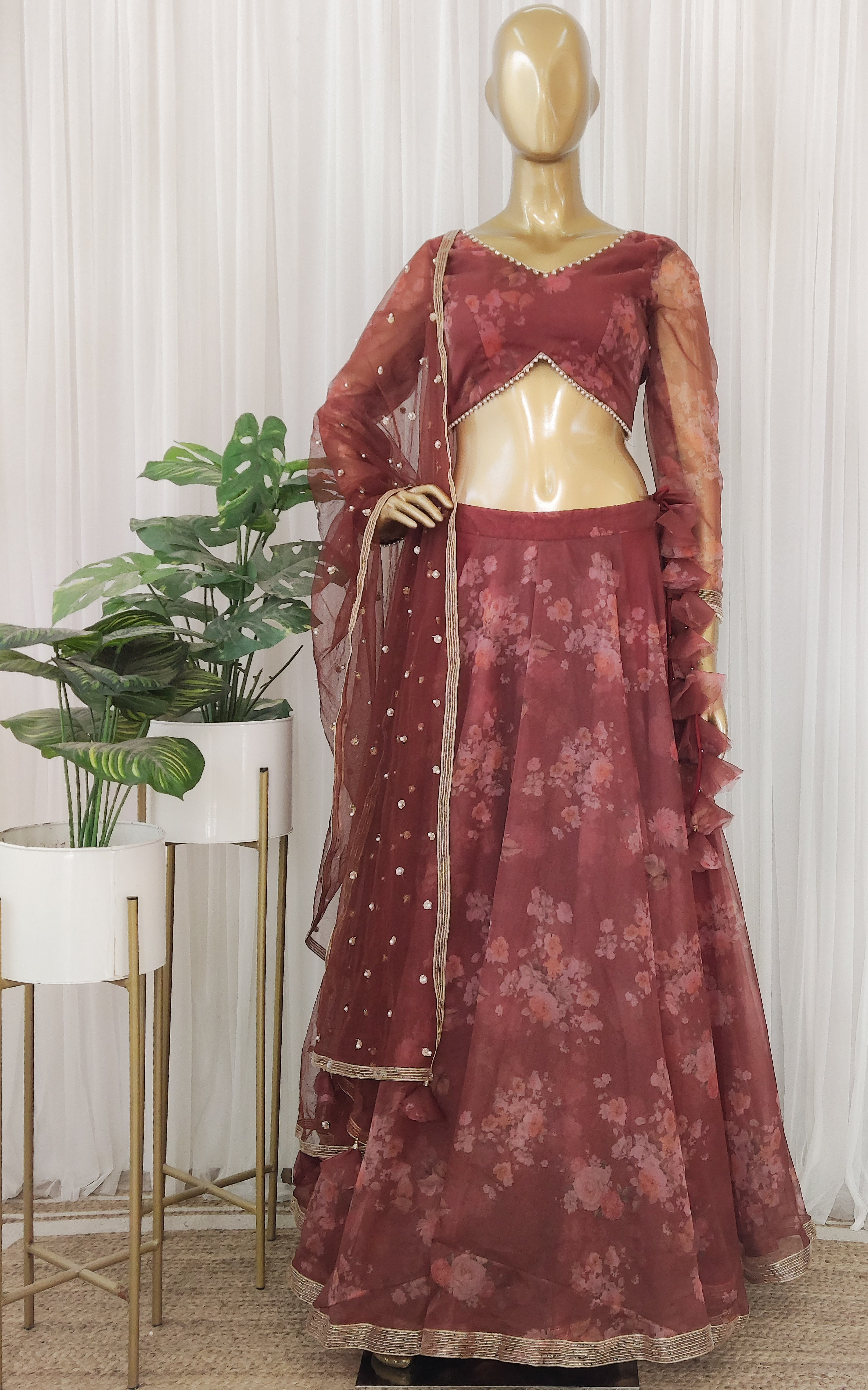 Cinnamon Floral Organza Lehenga