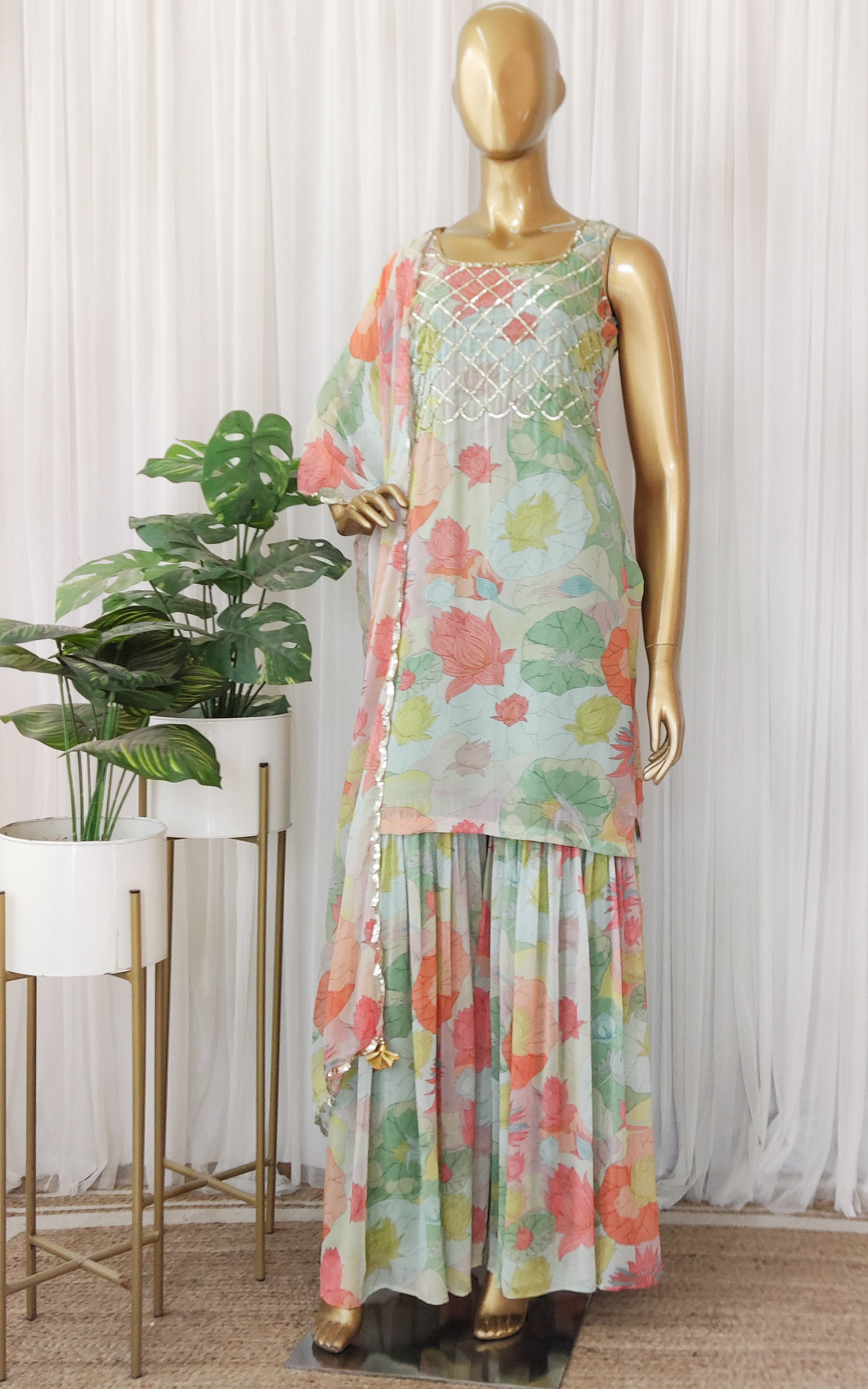 Multicolor Lotus Print Sequinwork Sharara Set