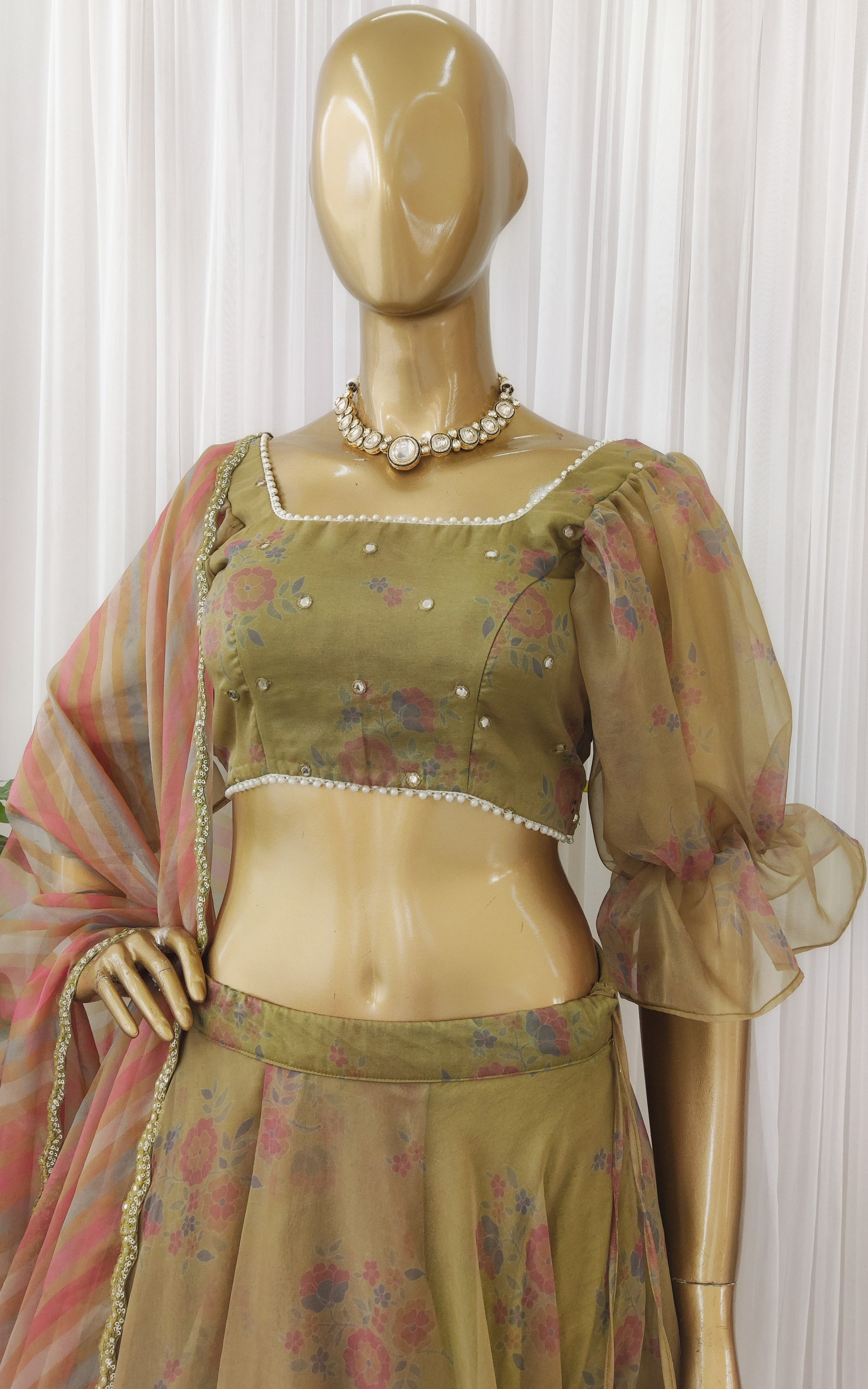 Henna Green Printed Organza Lehenga