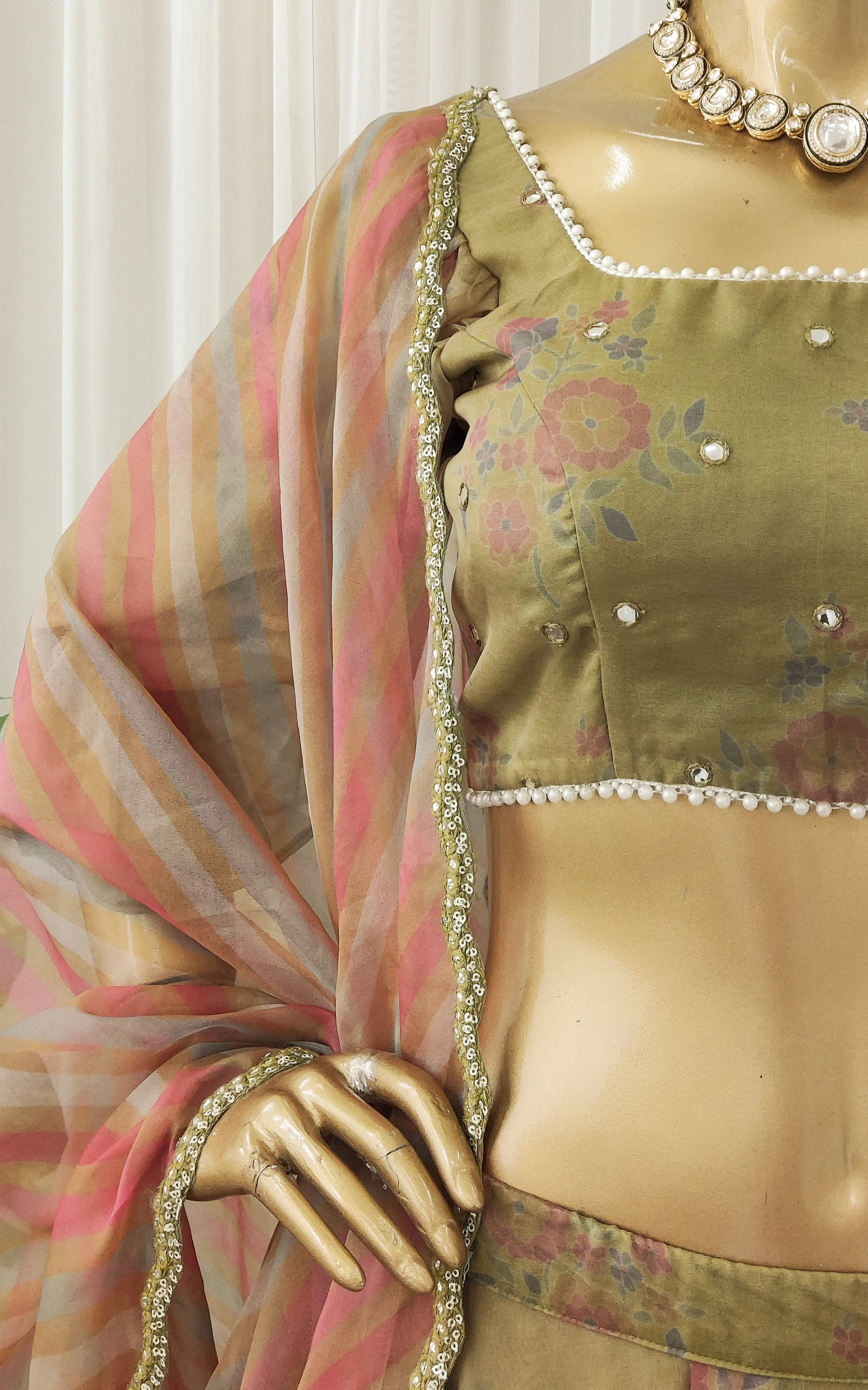 Henna Green Printed Organza Lehenga
