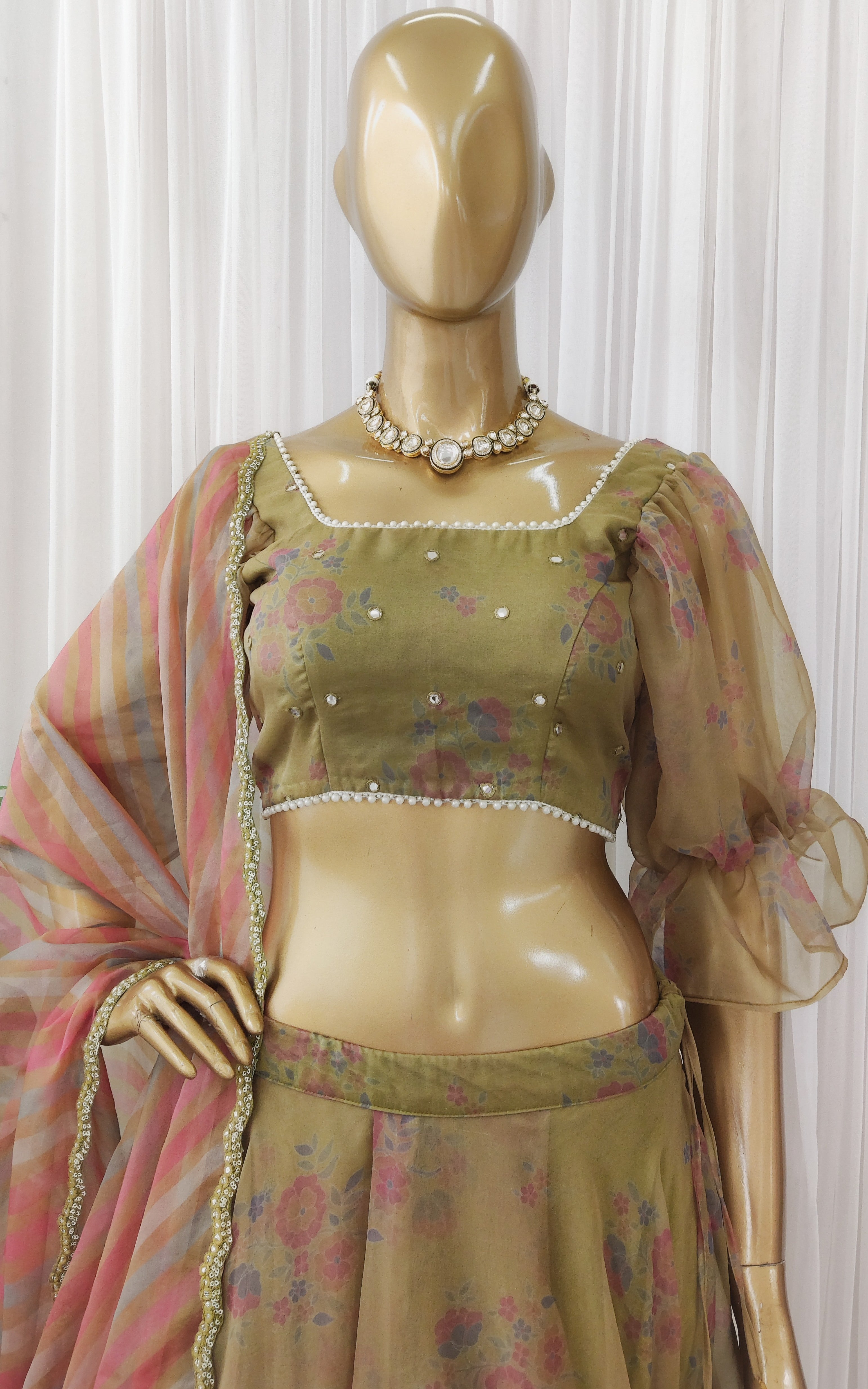 Henna Green Printed Organza Lehenga