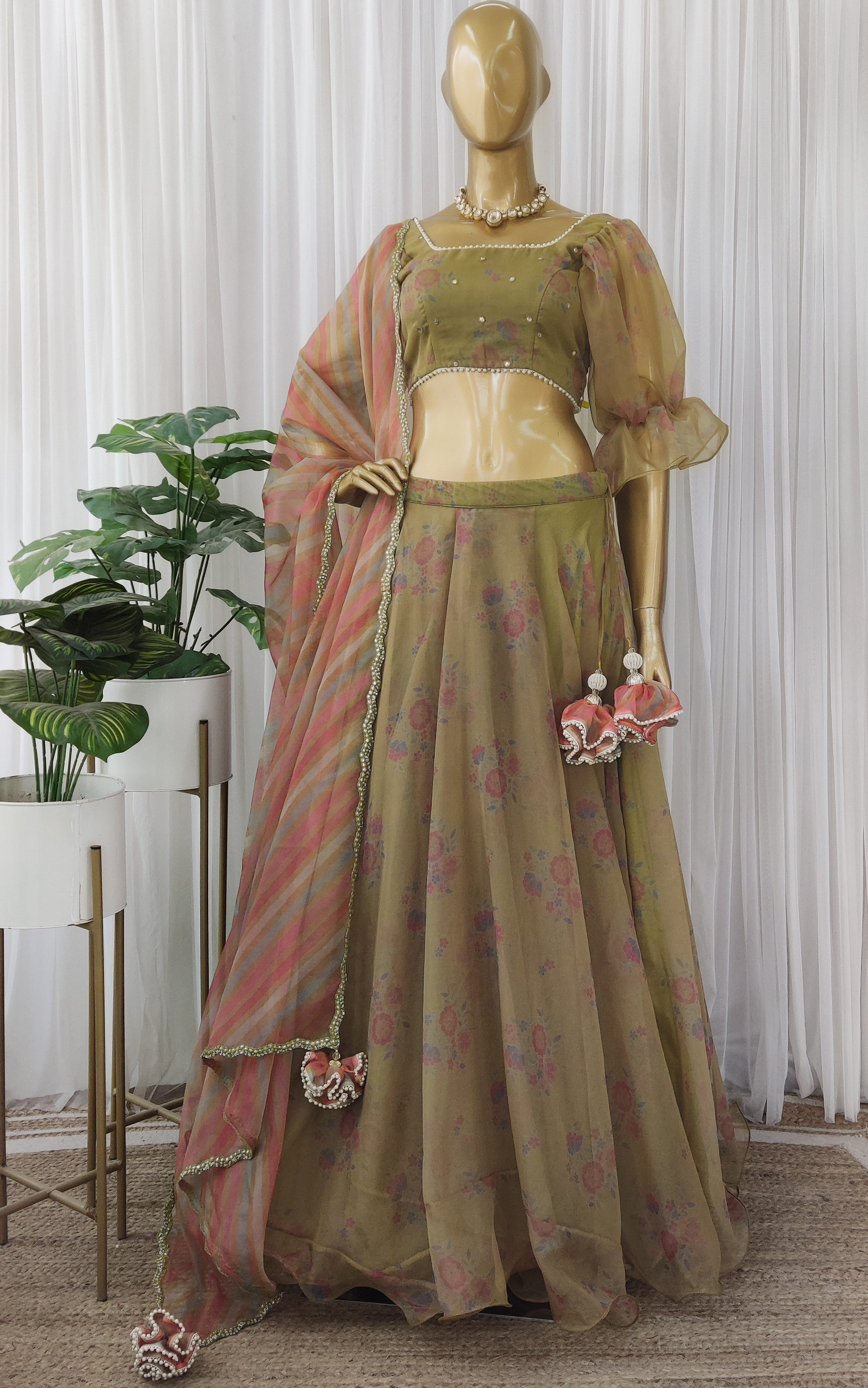 Henna Green Printed Organza Lehenga