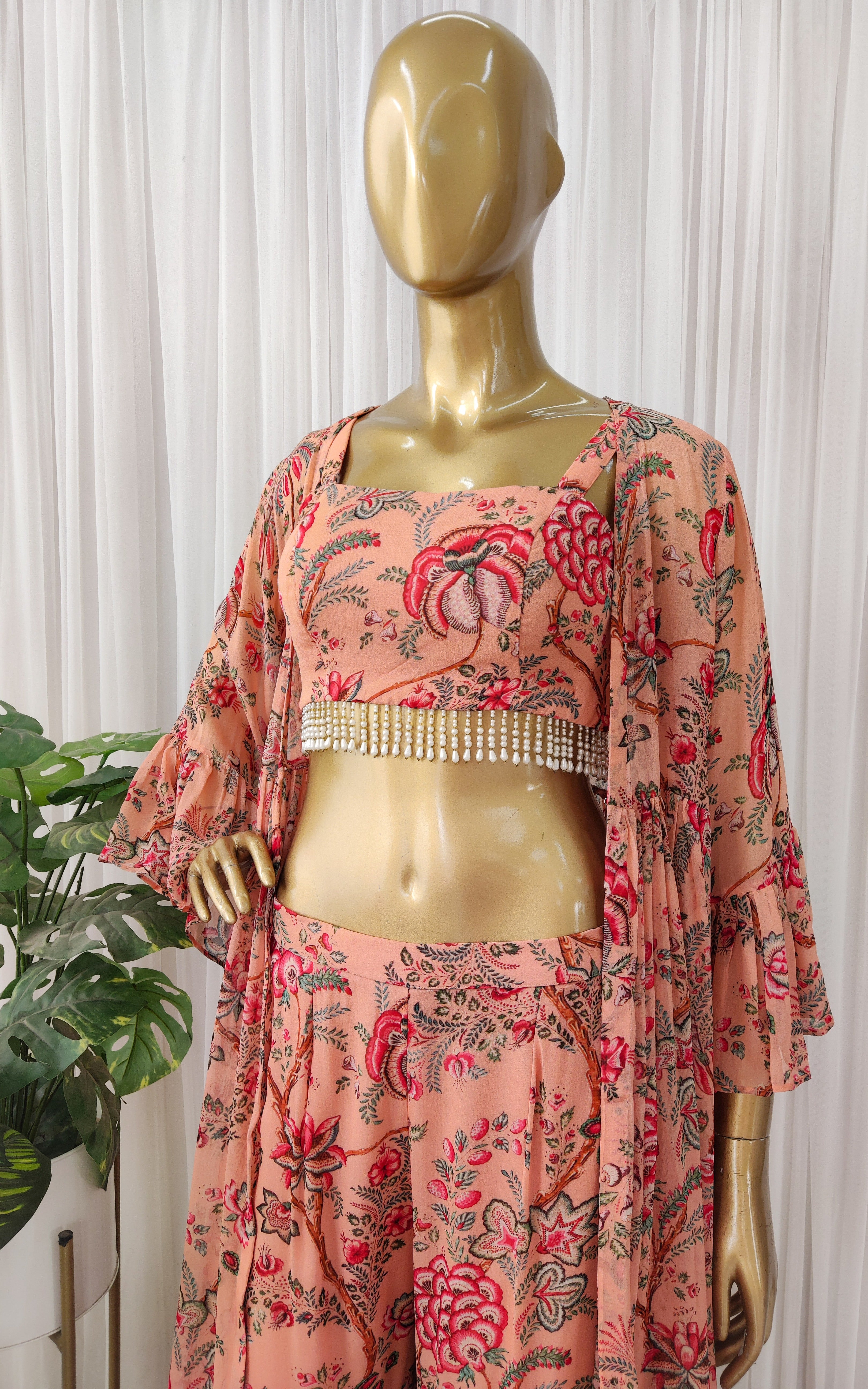 Peach Red Floral Crop-Top & Sharara Set