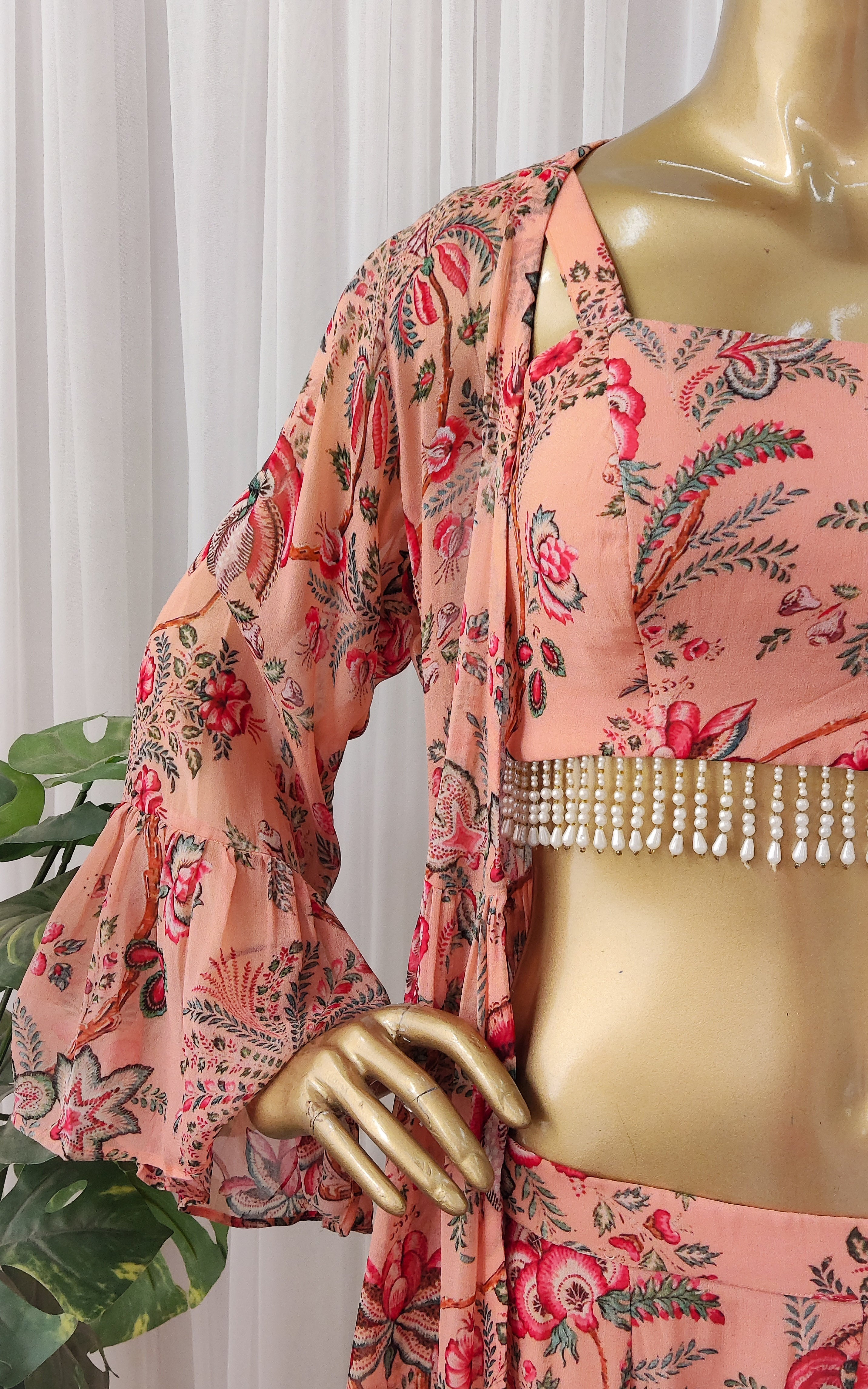 Peach Red Floral Crop-Top & Sharara Set