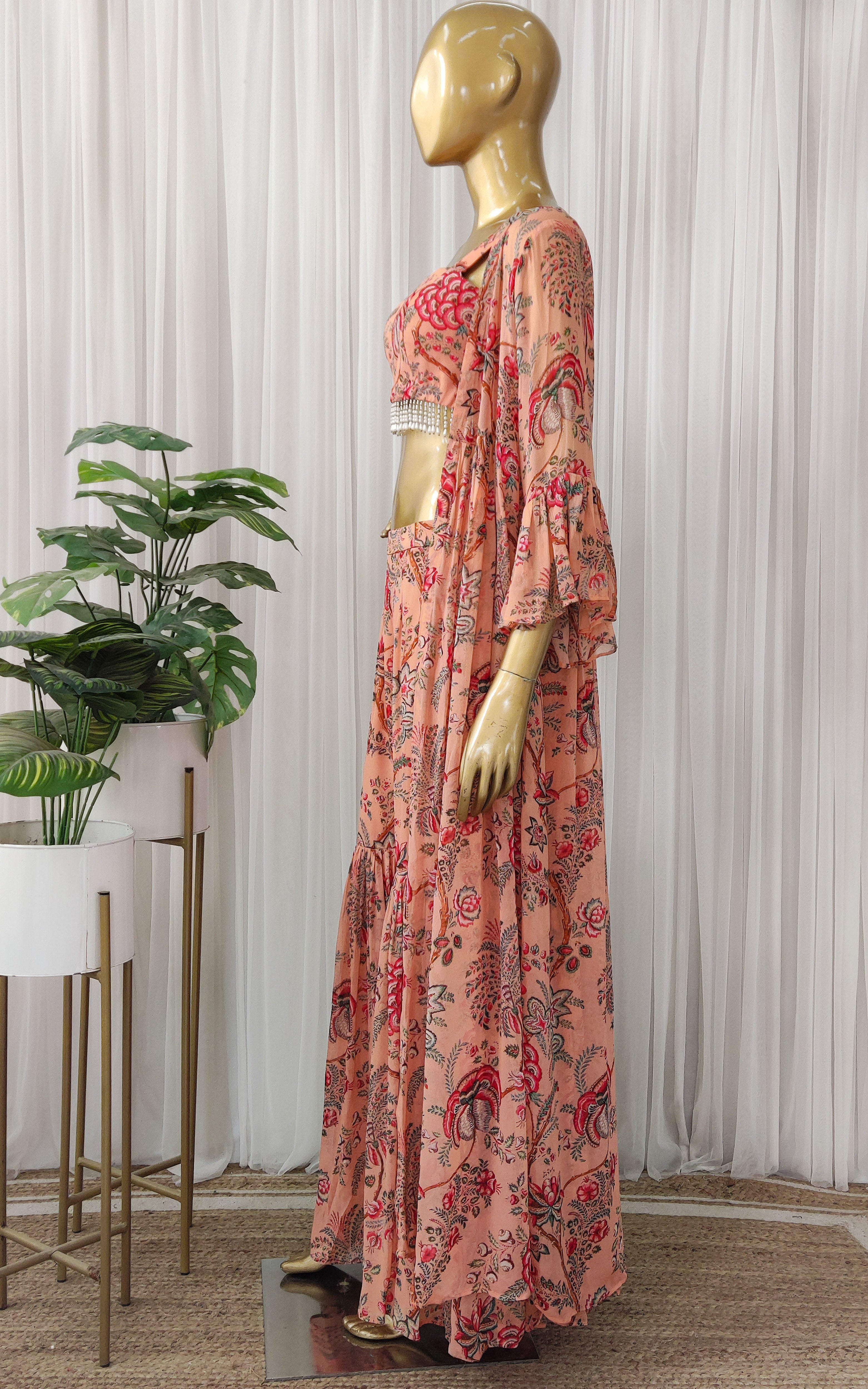 Peach Red Floral Crop-Top & Sharara Set