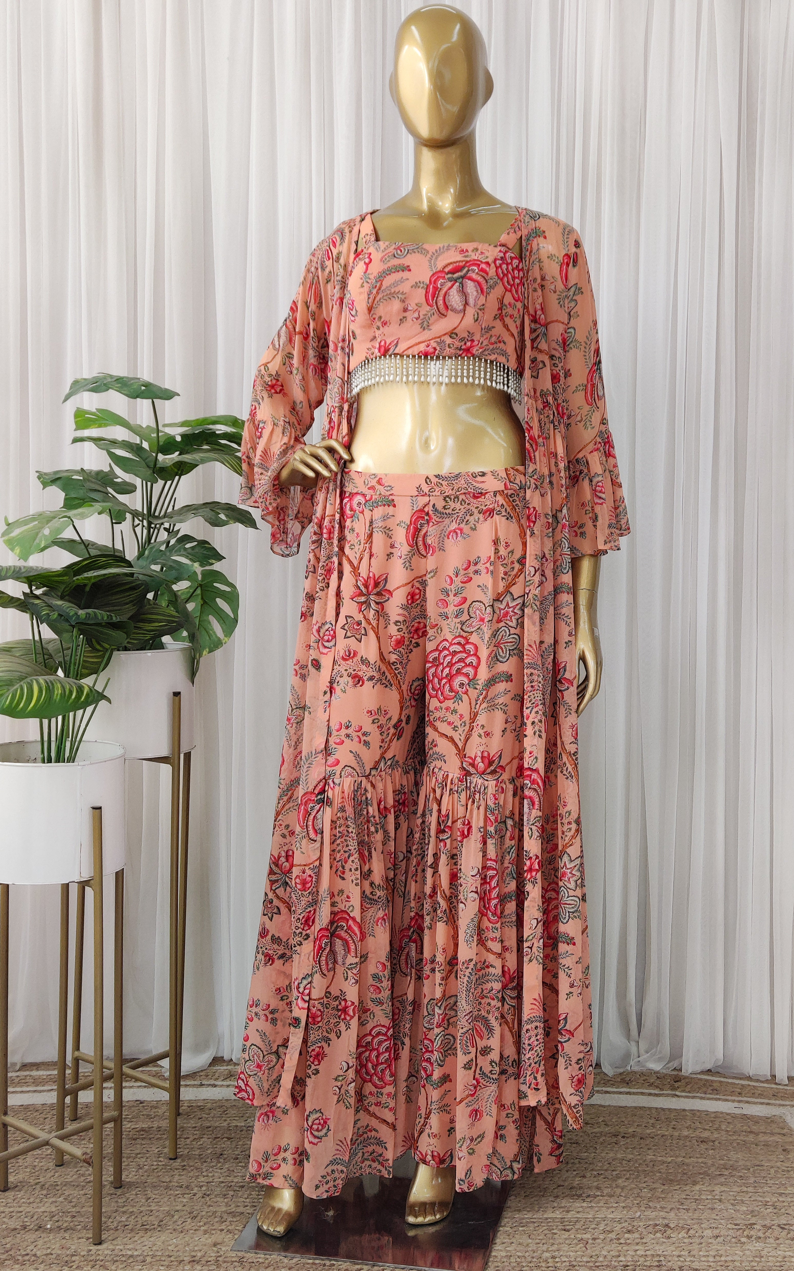 Peach Red Floral Crop-Top & Sharara Set