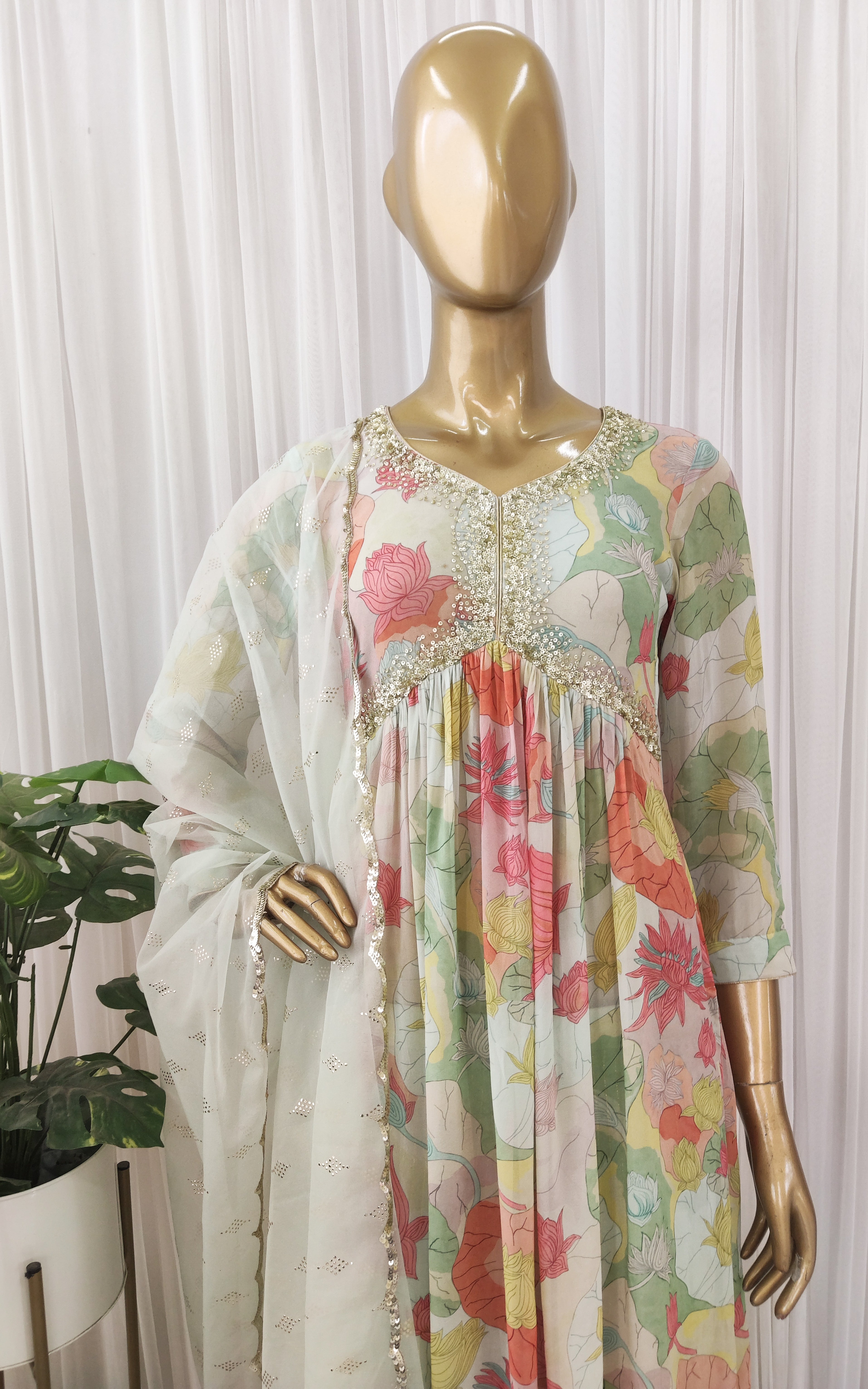 Multicolor Lotus Print Sequinwork Anarkali