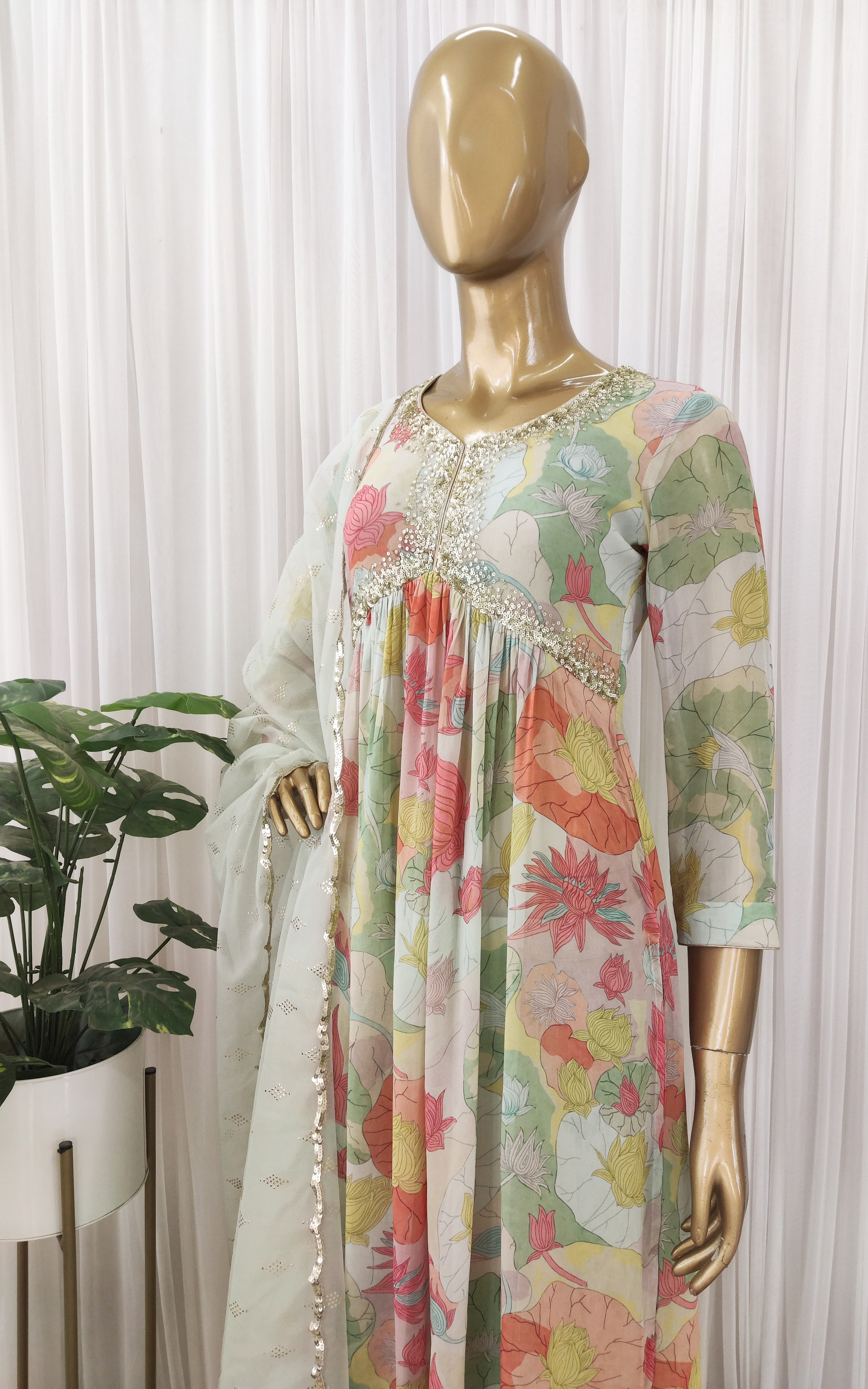 Multicolor Lotus Print Sequinwork Anarkali
