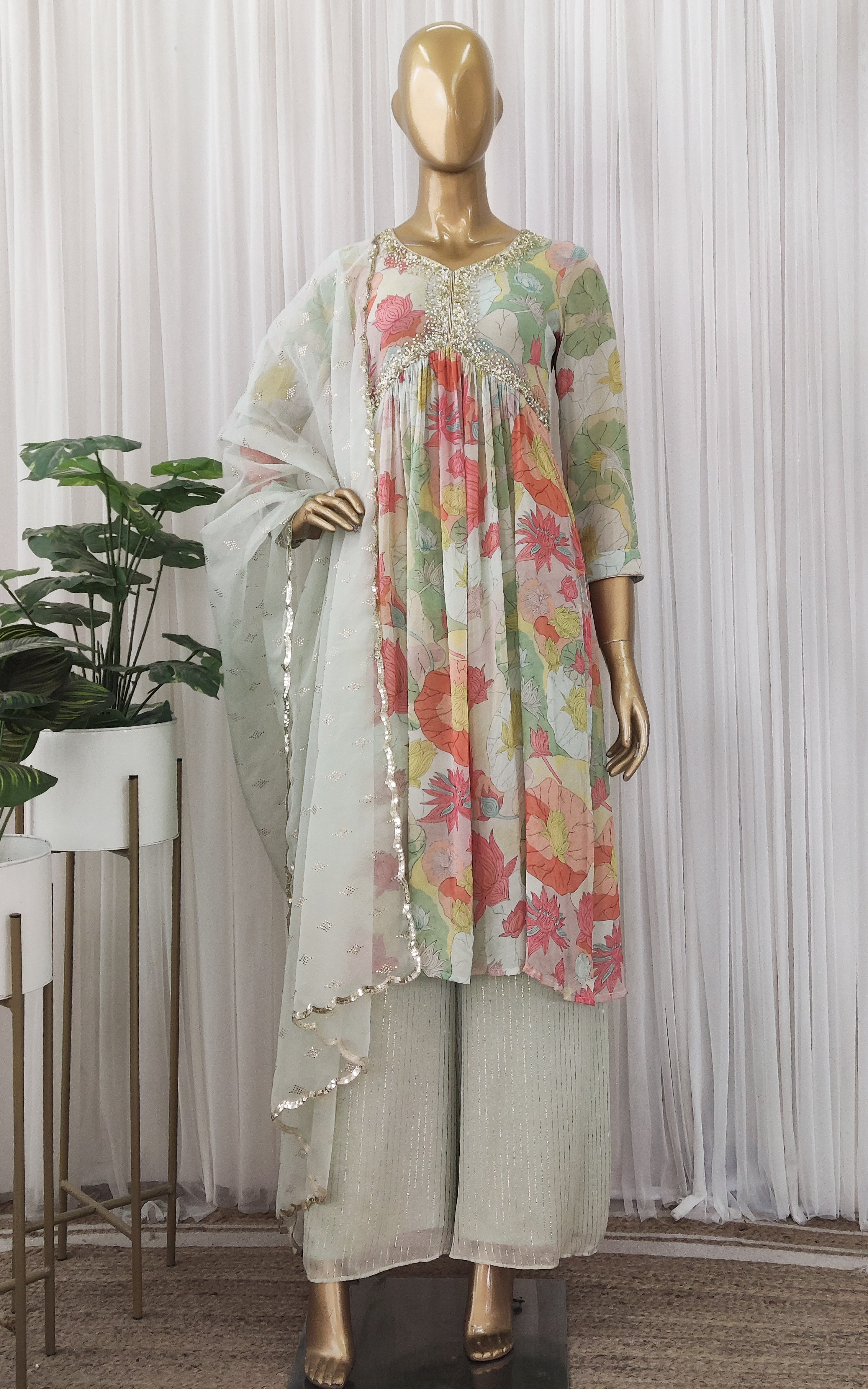 Multicolor Lotus Print Sequinwork Anarkali