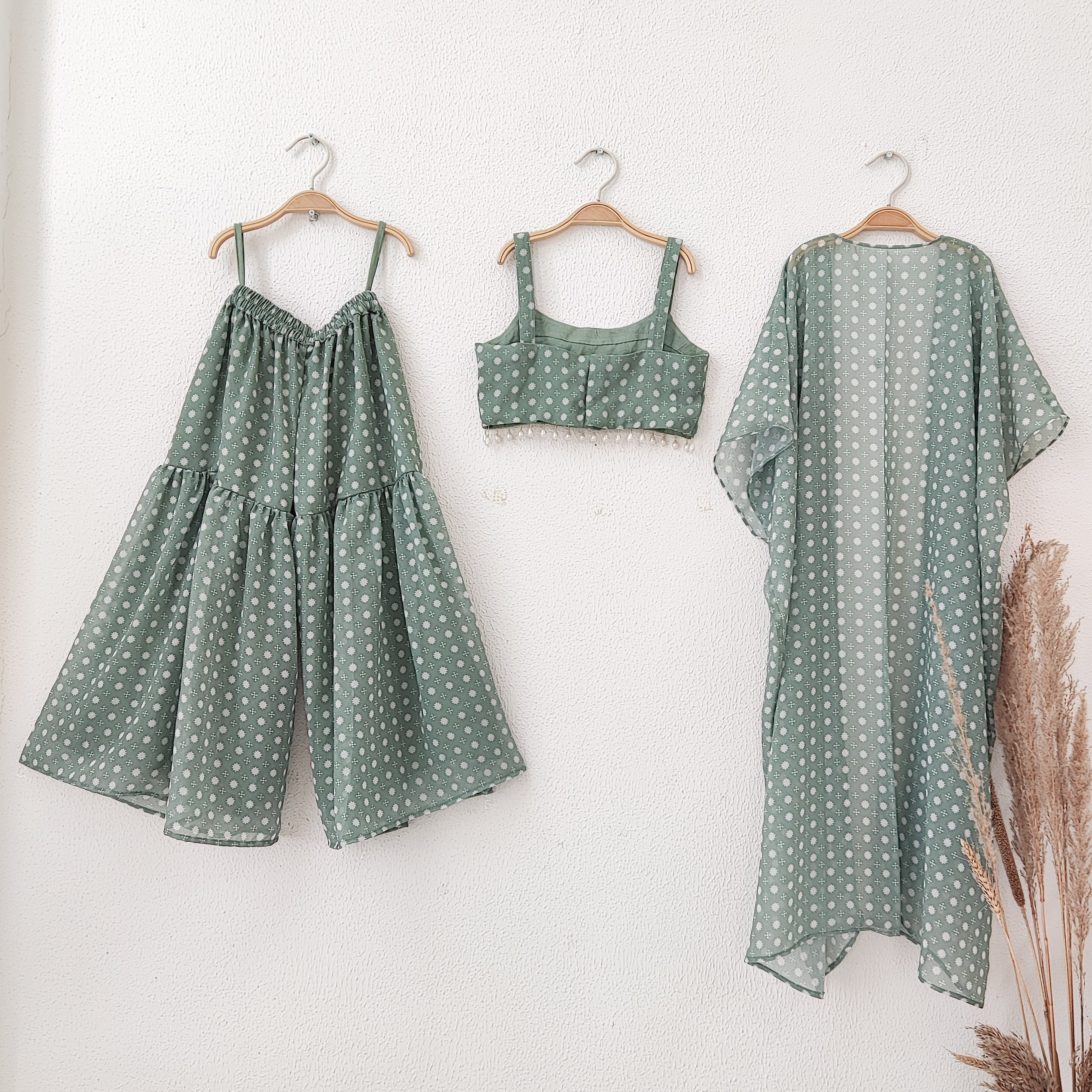 Sage Green Printed Kids Crop Top & Sharara Set