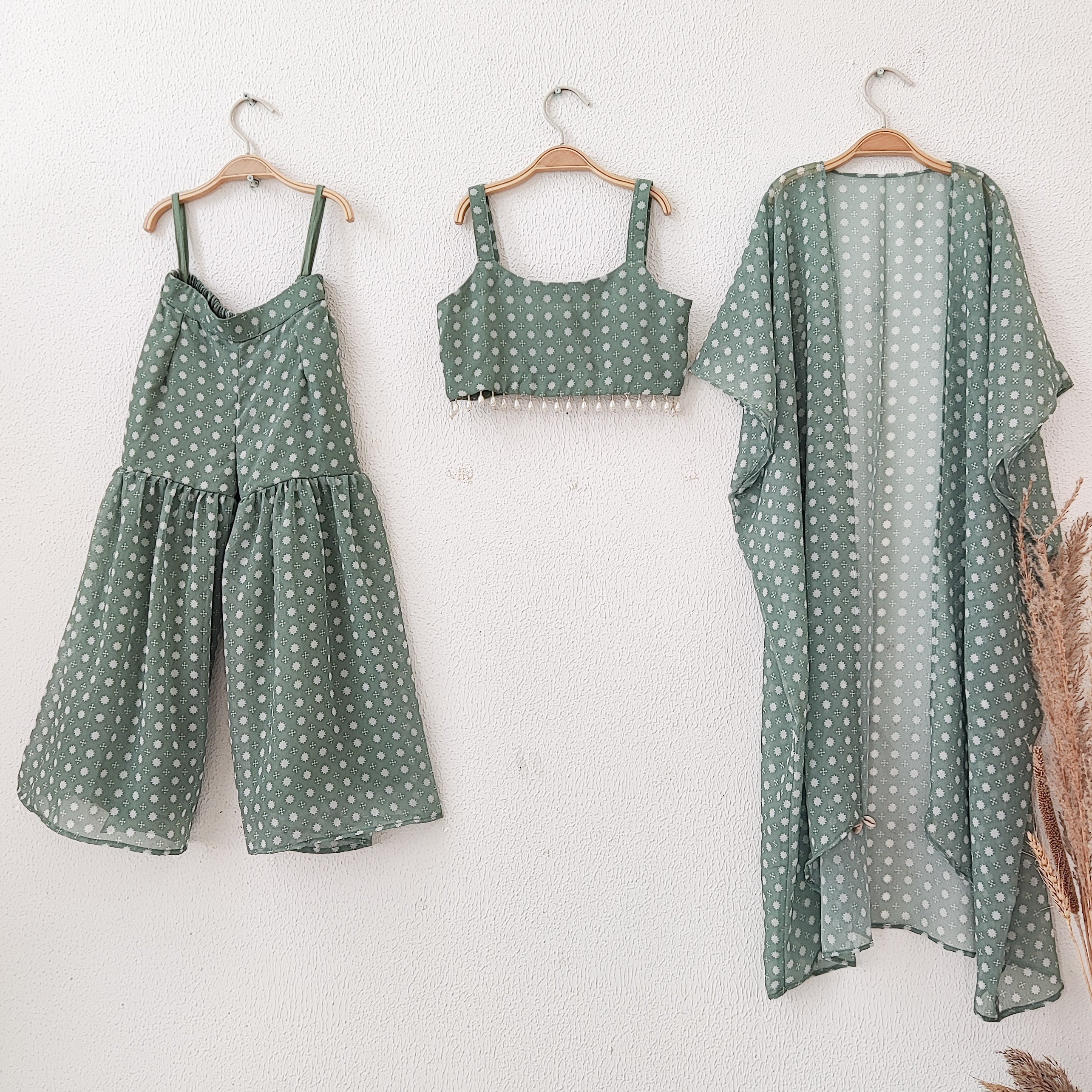 Sage Green Printed Kids Crop Top & Sharara Set