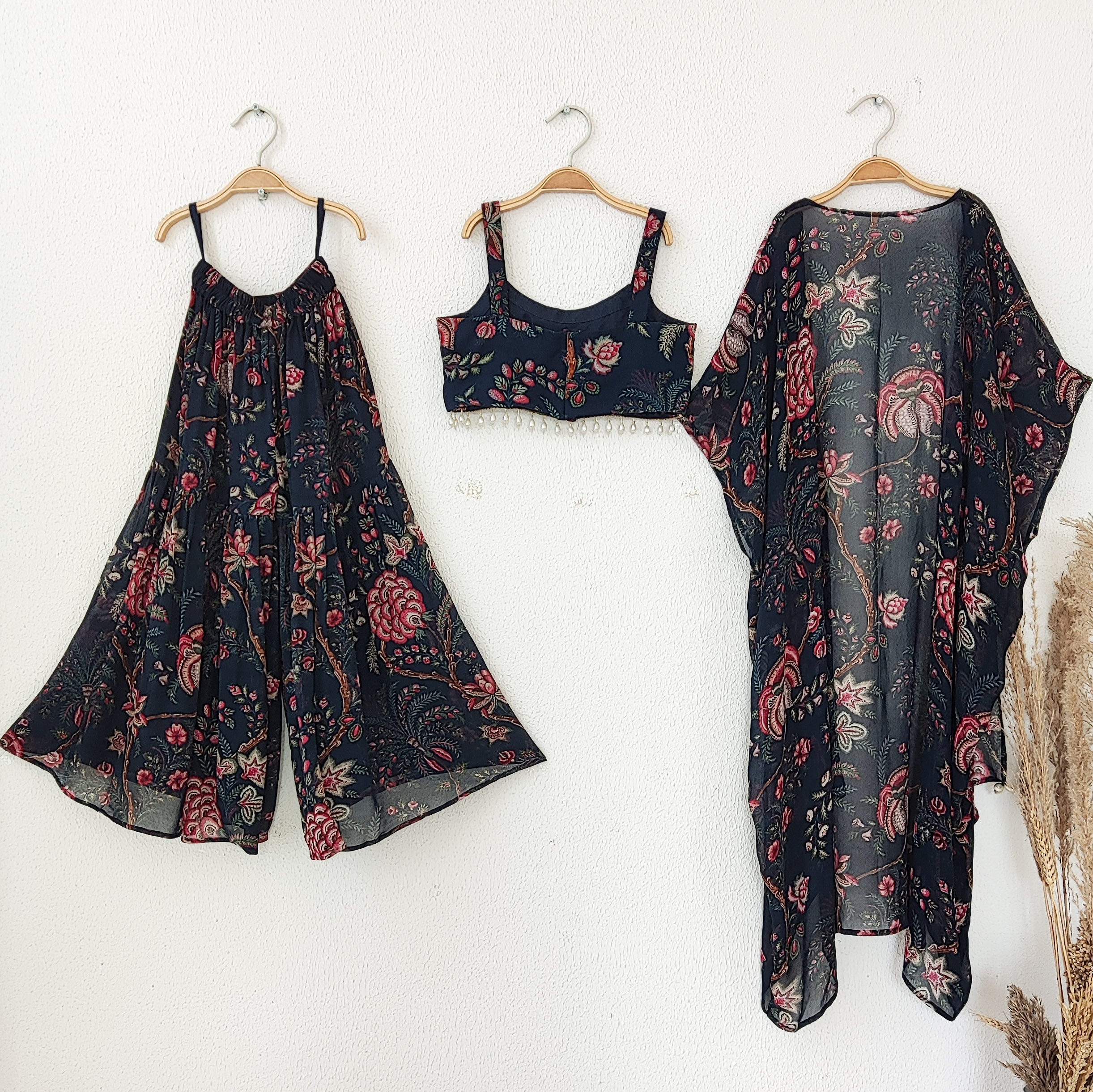 Navy Blue Floral Floral Kids Crop Top & Sharara Set