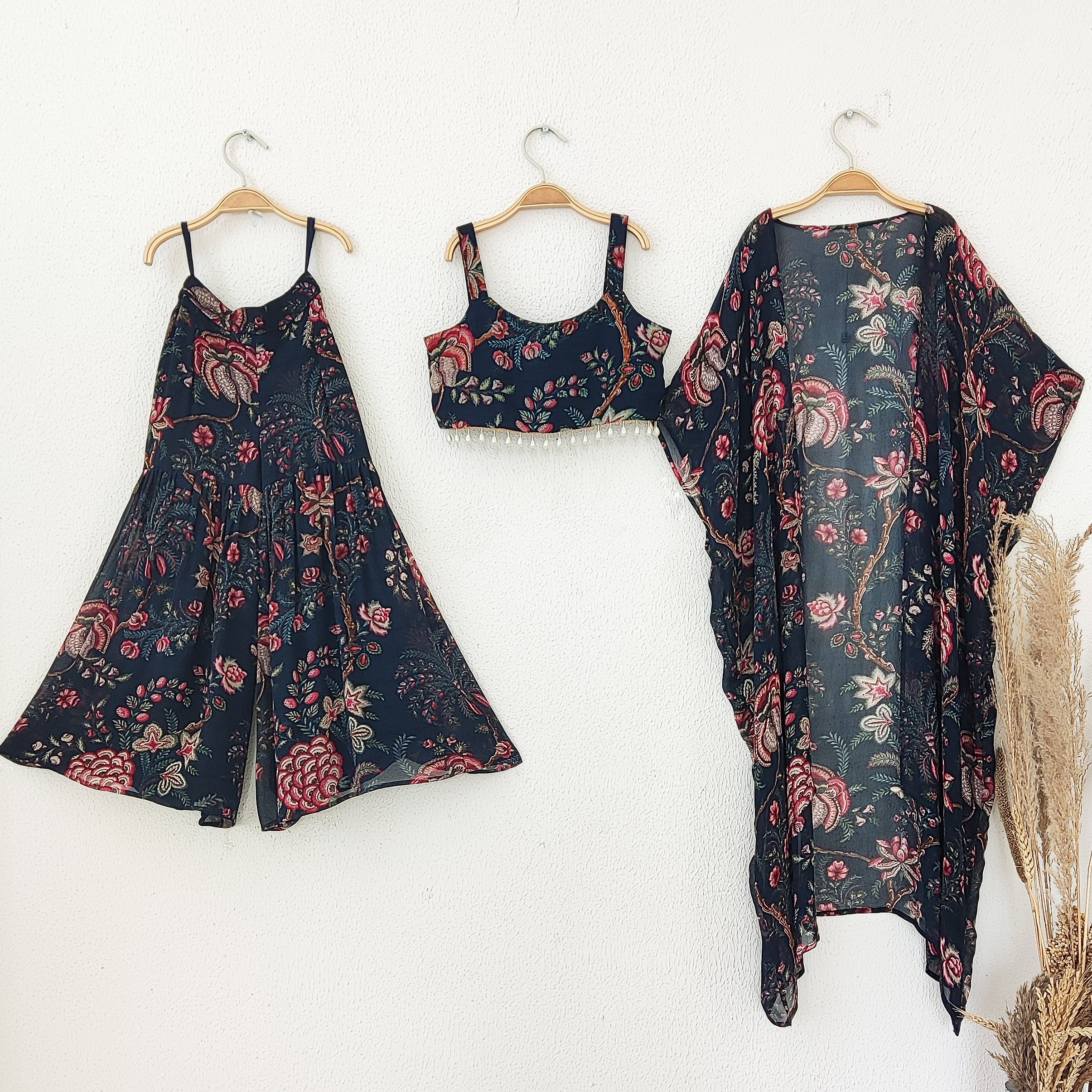 Navy Blue Floral Floral Kids Crop Top & Sharara Set
