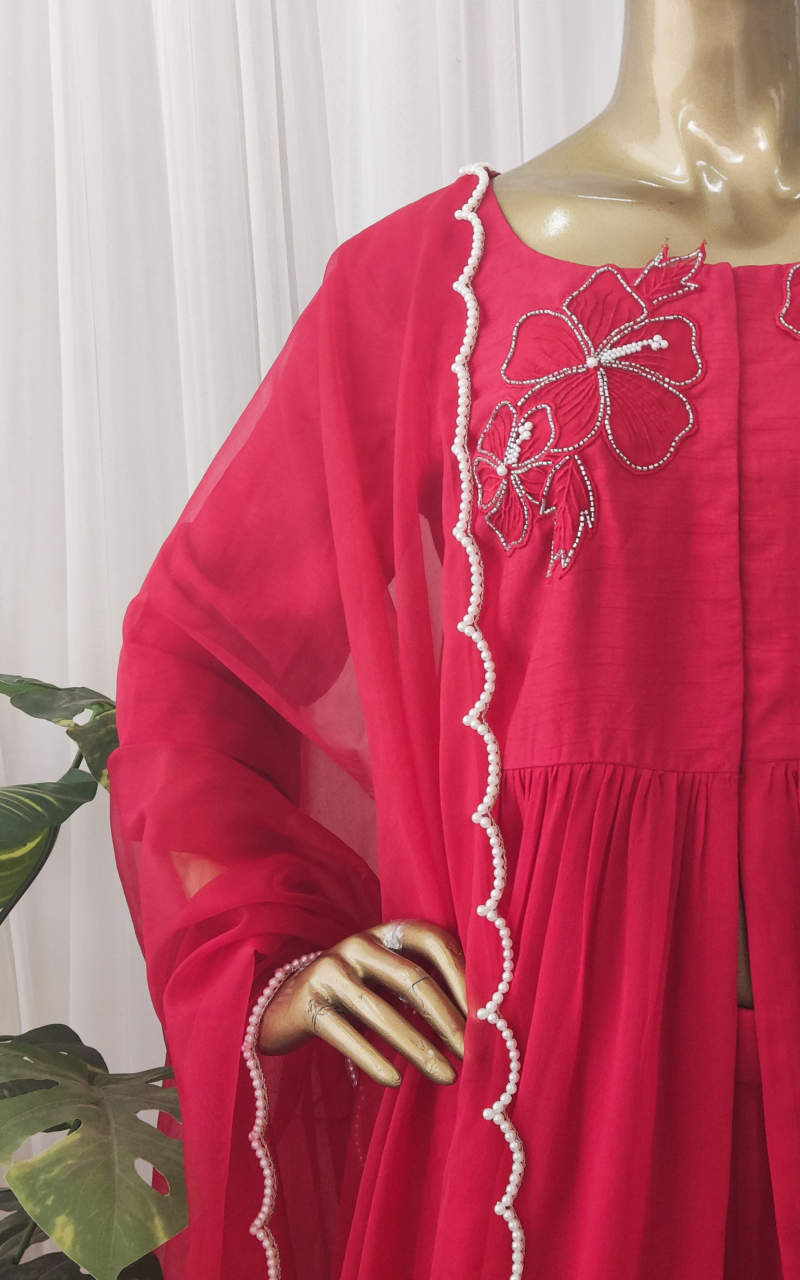 Red Pearl Embroidered Sharara Set