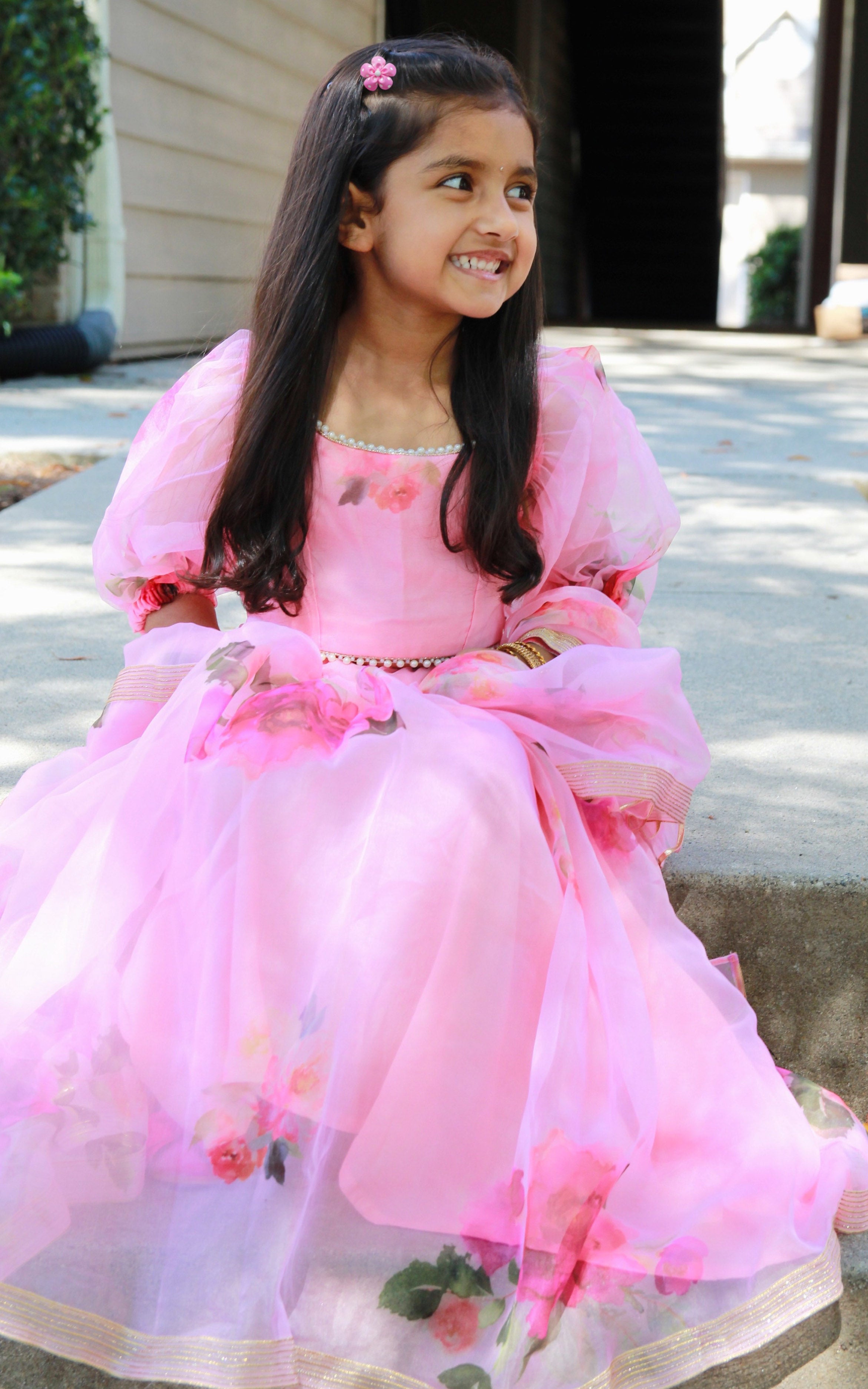 Eva Blush Pink Floral Organza Kids Lehenga