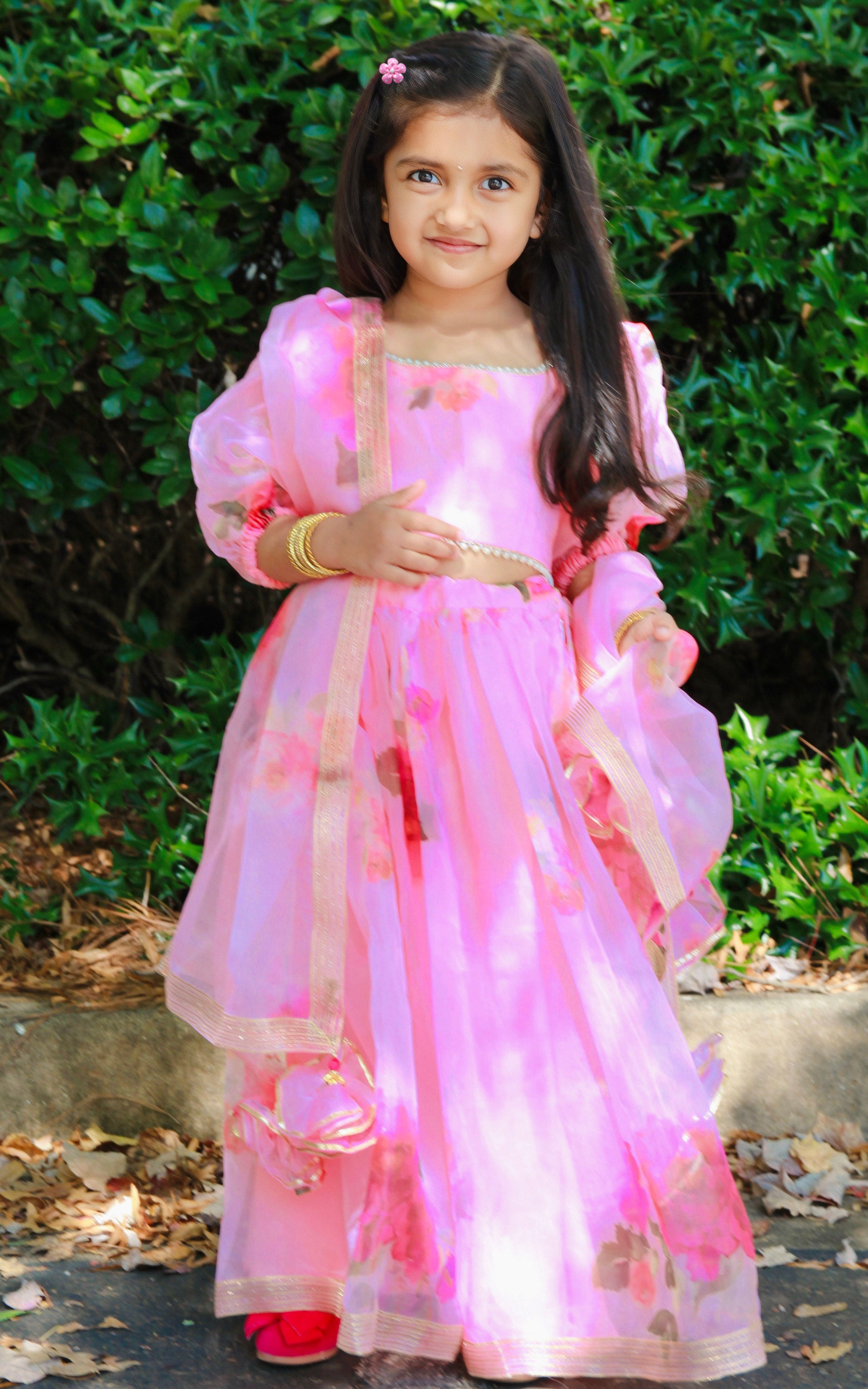 Eva Blush Pink Floral Organza Kids Lehenga