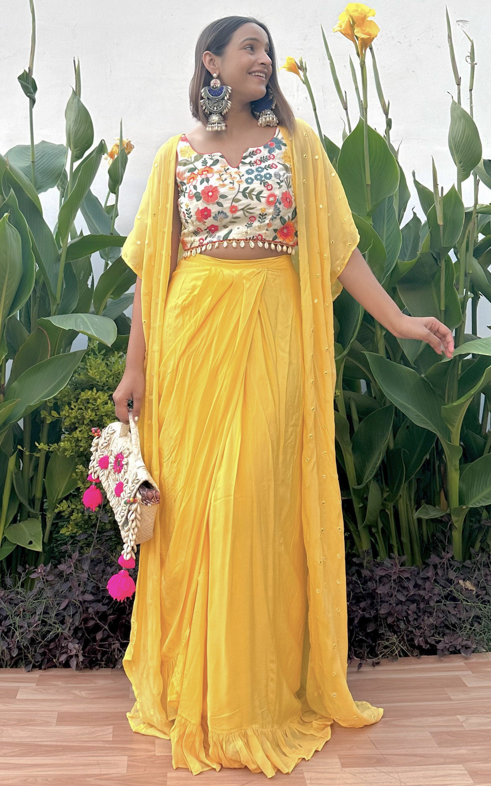 Sapna Yellow Embroidered Crop-Top & Draped Skirt Co-ord Set