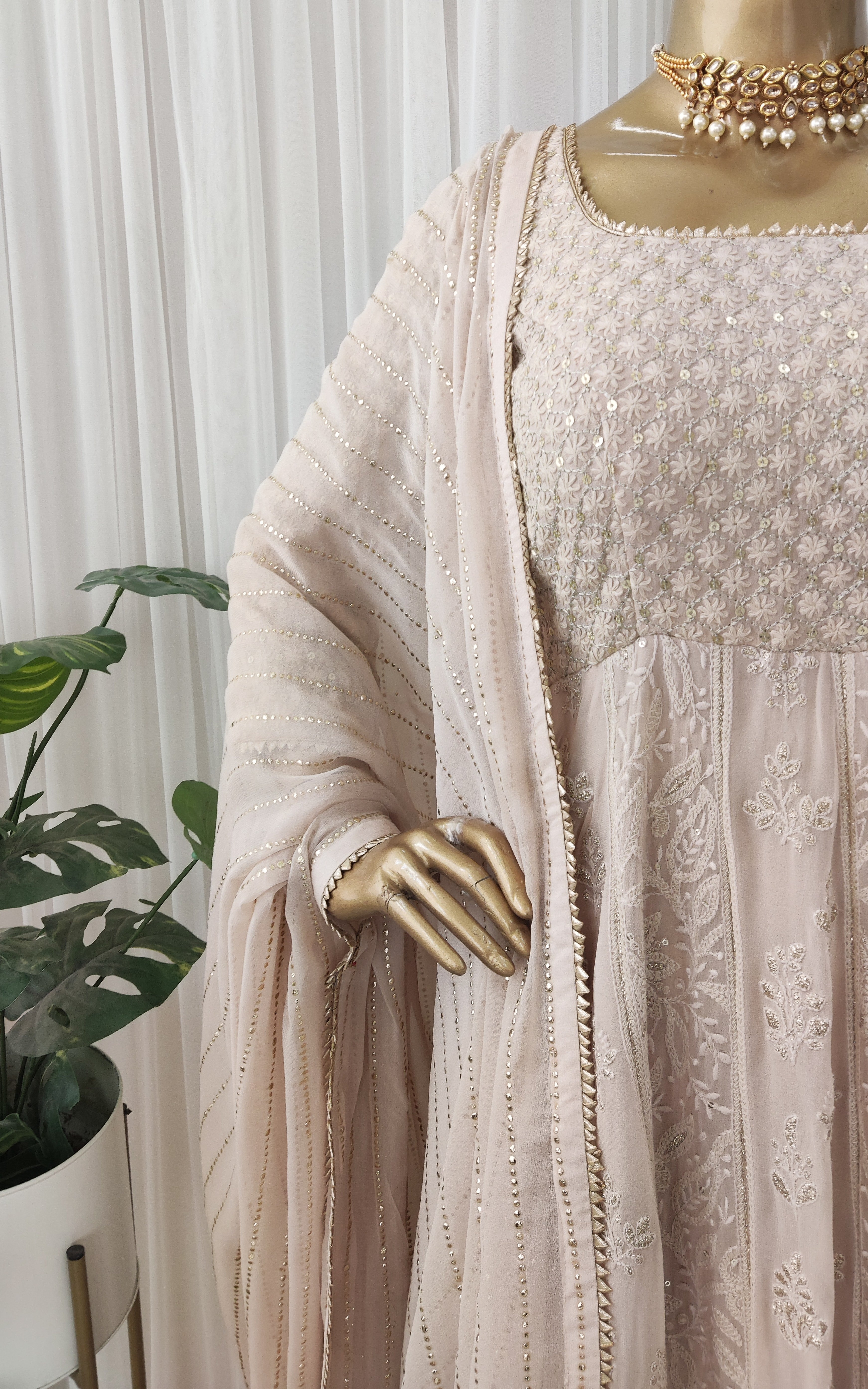 Almond Chikankari Anarkali With Mukaish Dupatta
