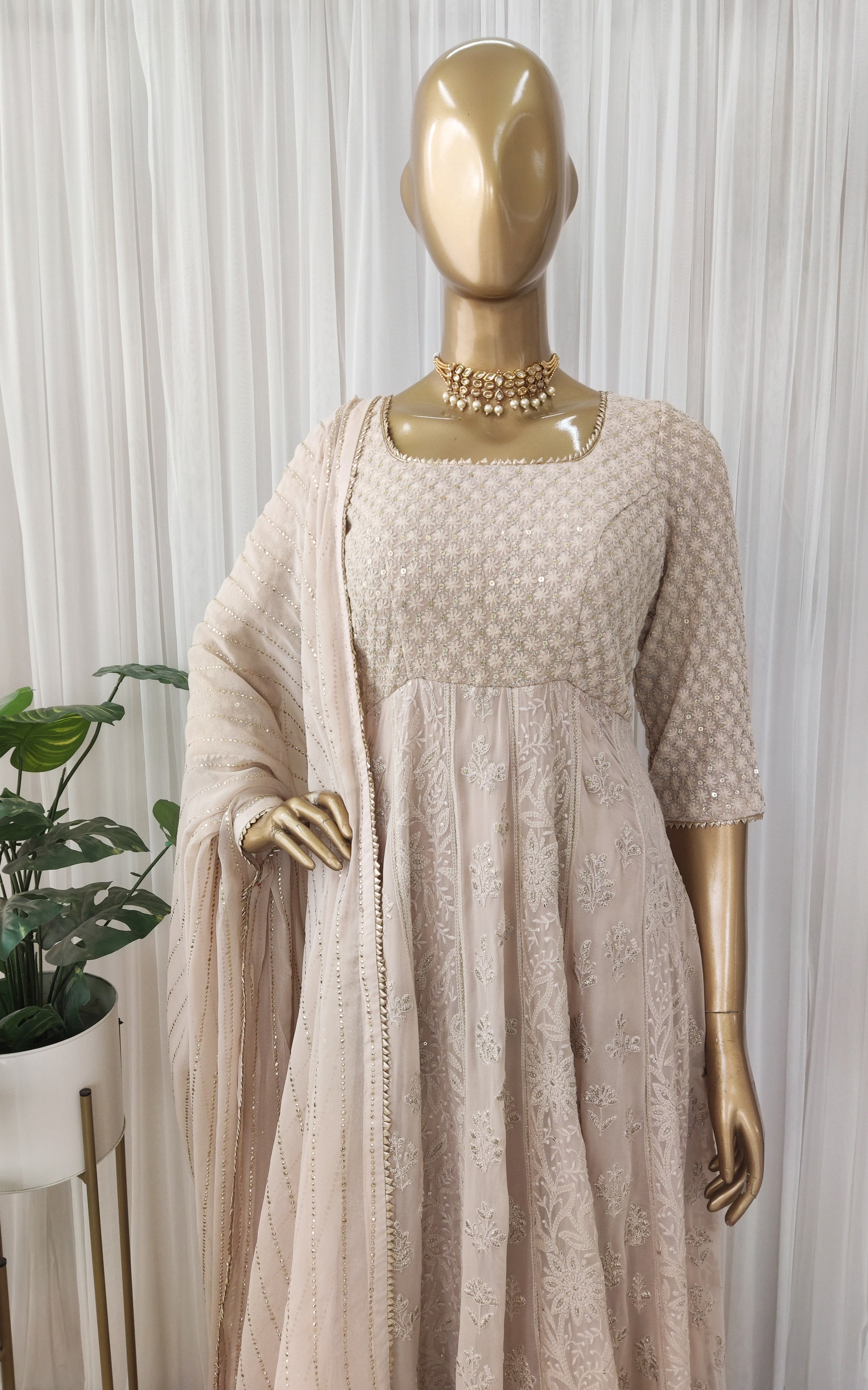 Almond Chikankari Anarkali With Mukaish Dupatta