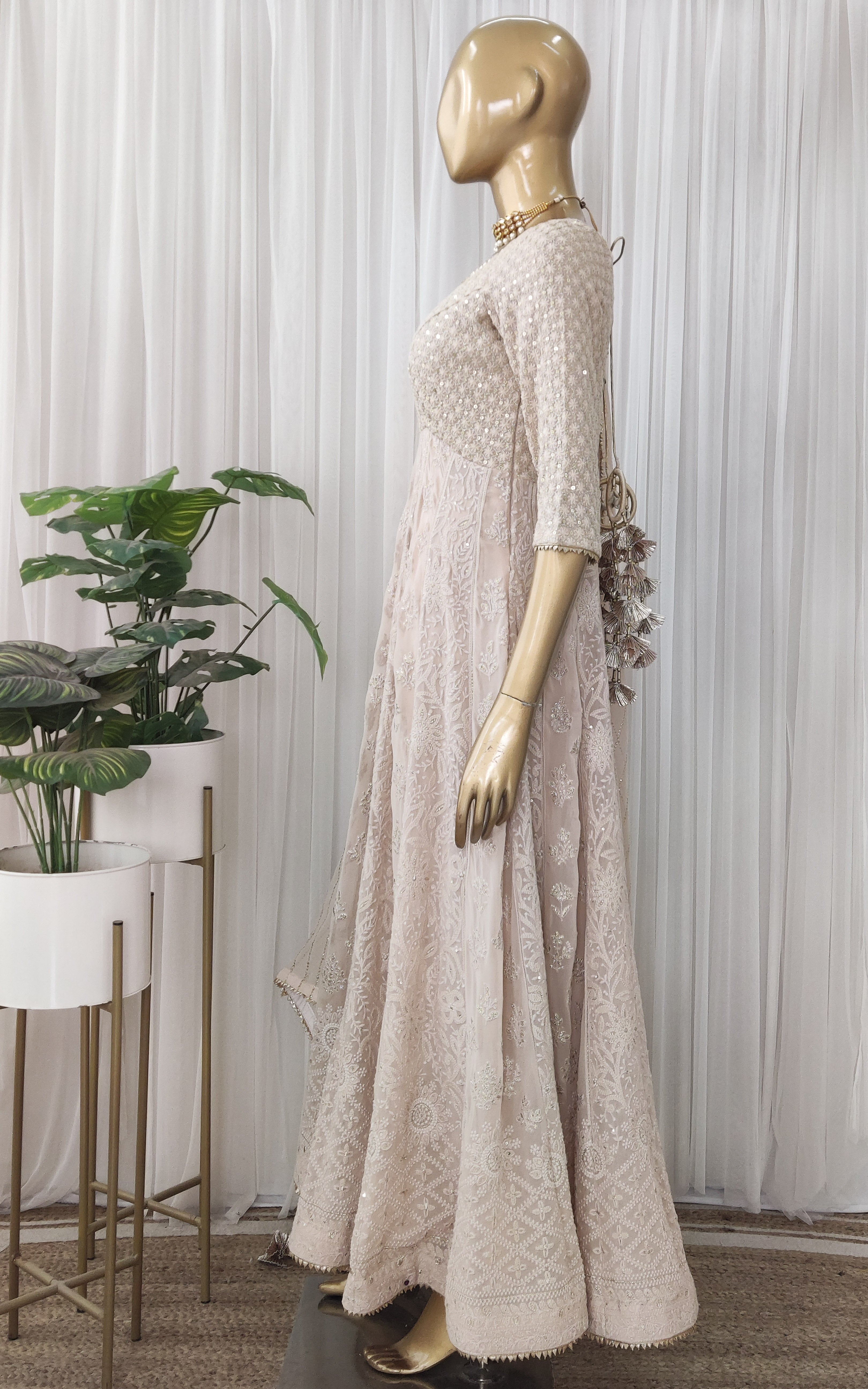 Almond Chikankari Anarkali With Mukaish Dupatta