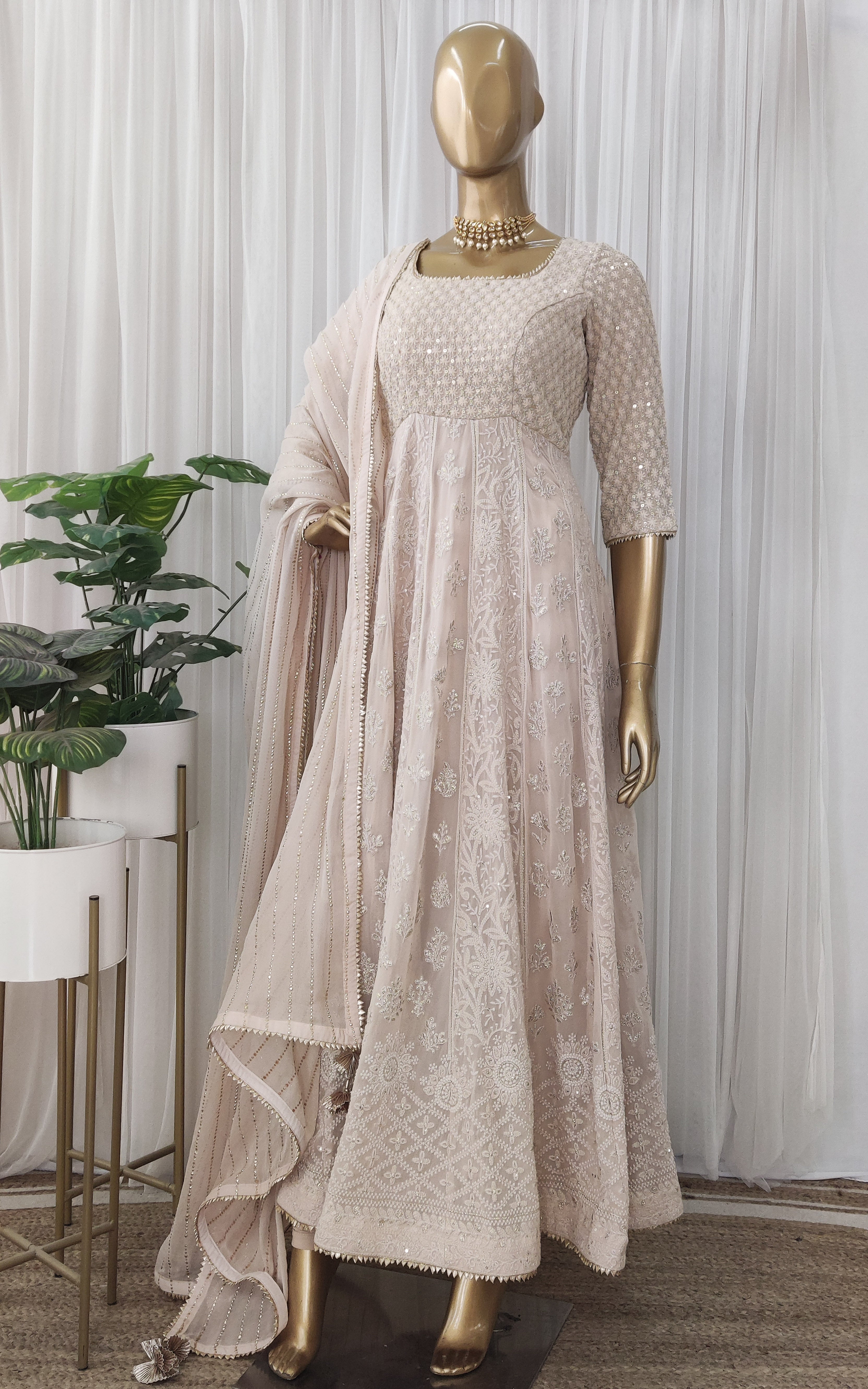 Almond Chikankari Anarkali With Mukaish Dupatta