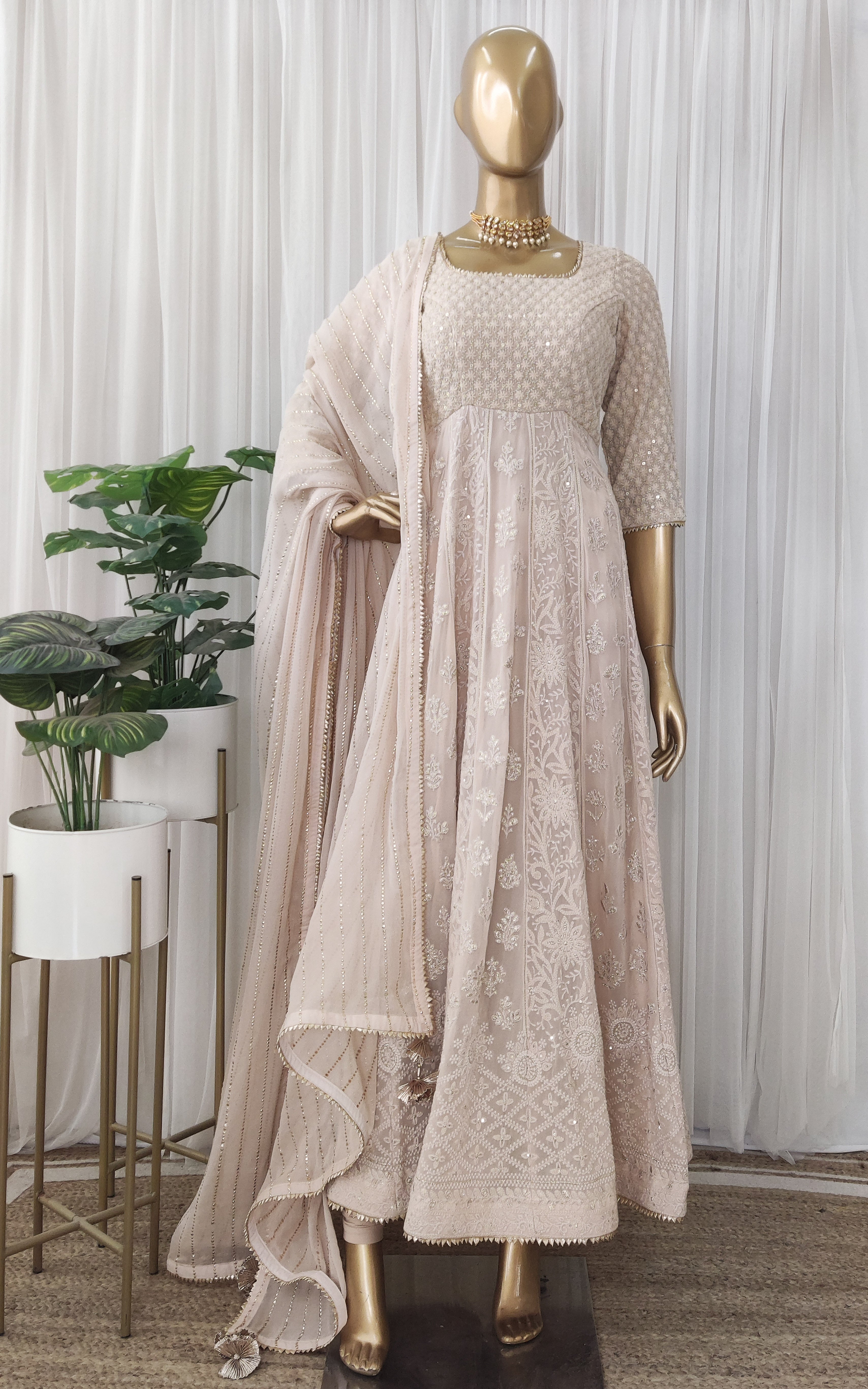 Almond Chikankari Anarkali With Mukaish Dupatta