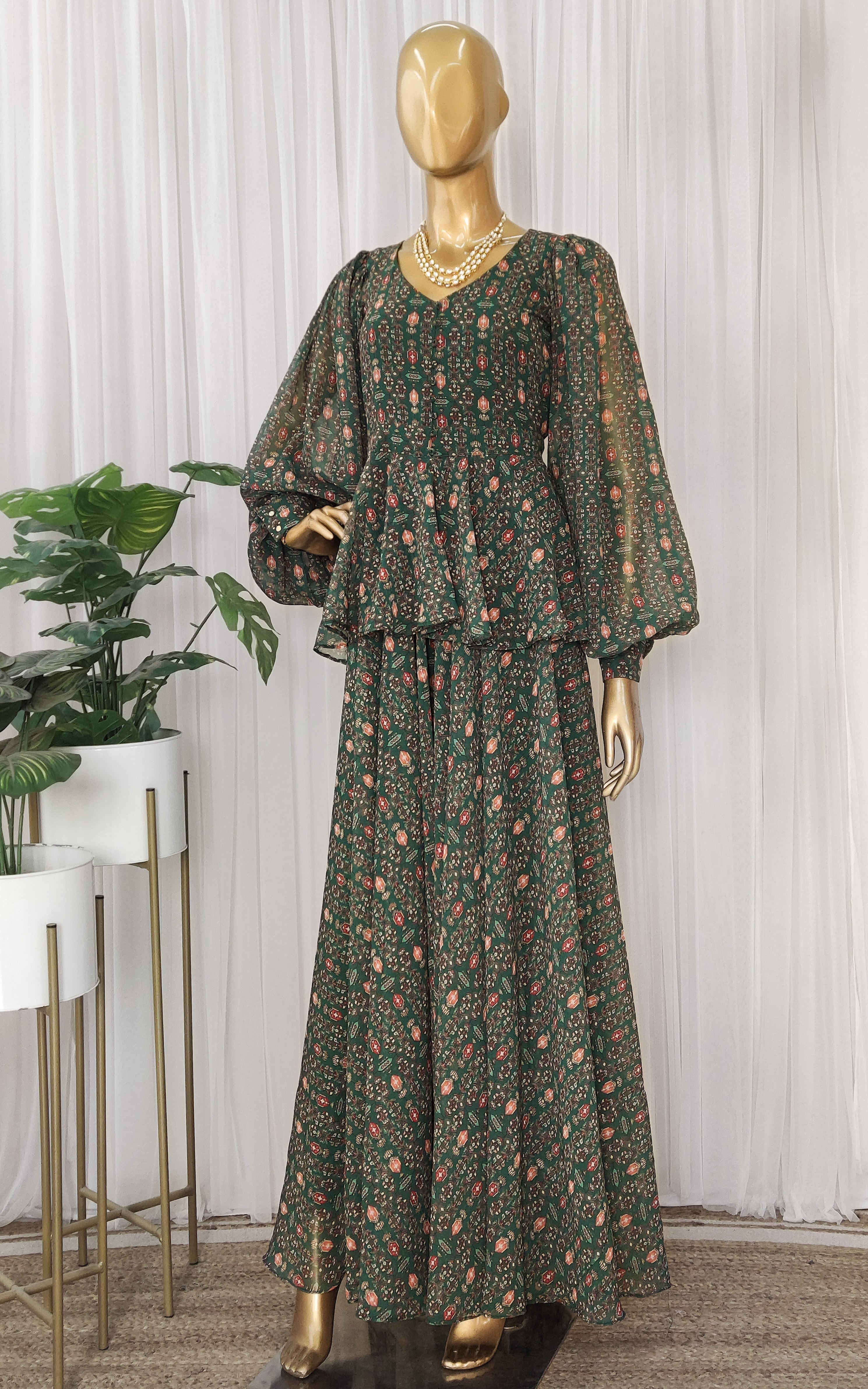 Bottle Green Printed Georgette Jumpsuit