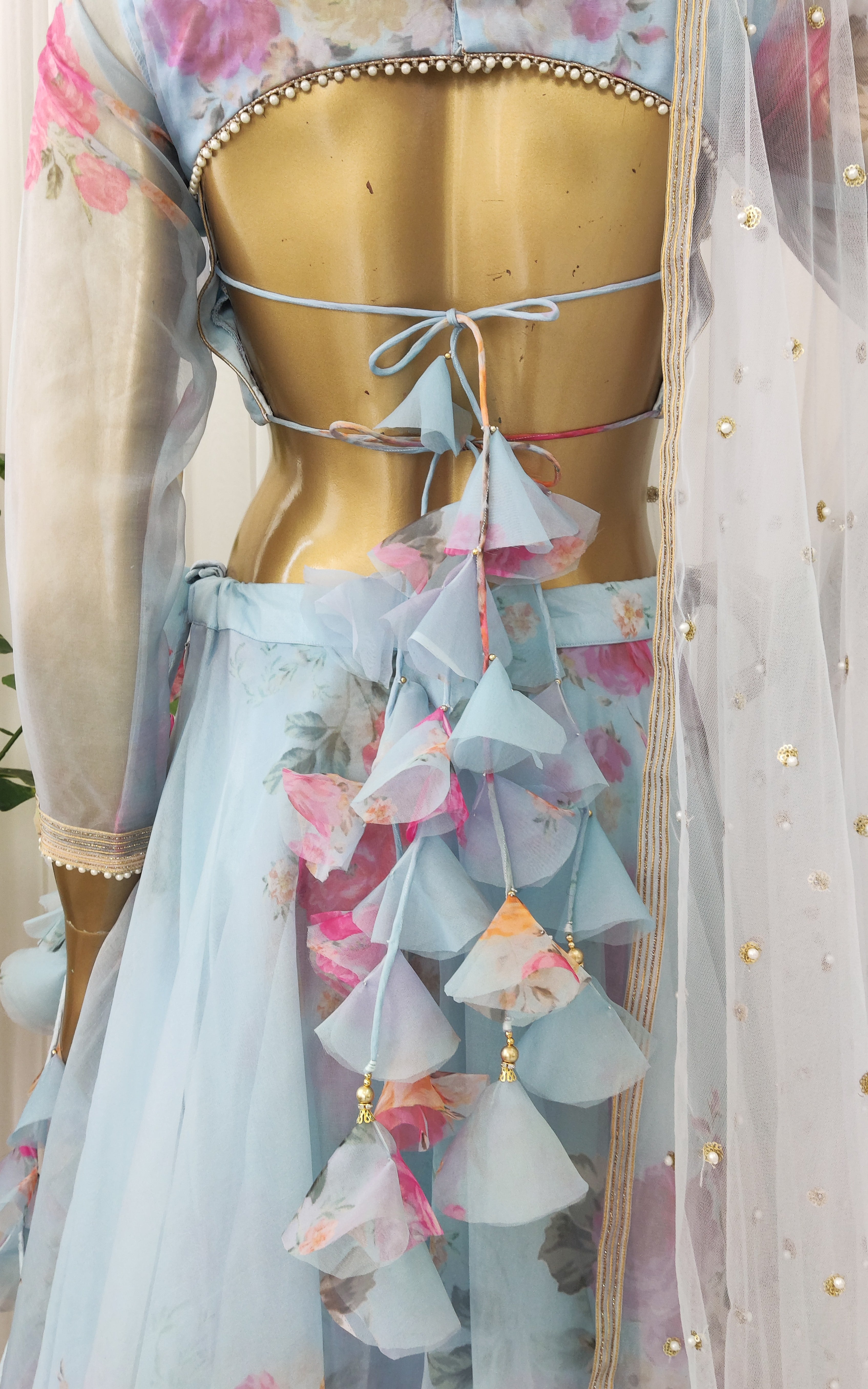 Sky Blue Floral Organza Lehenga