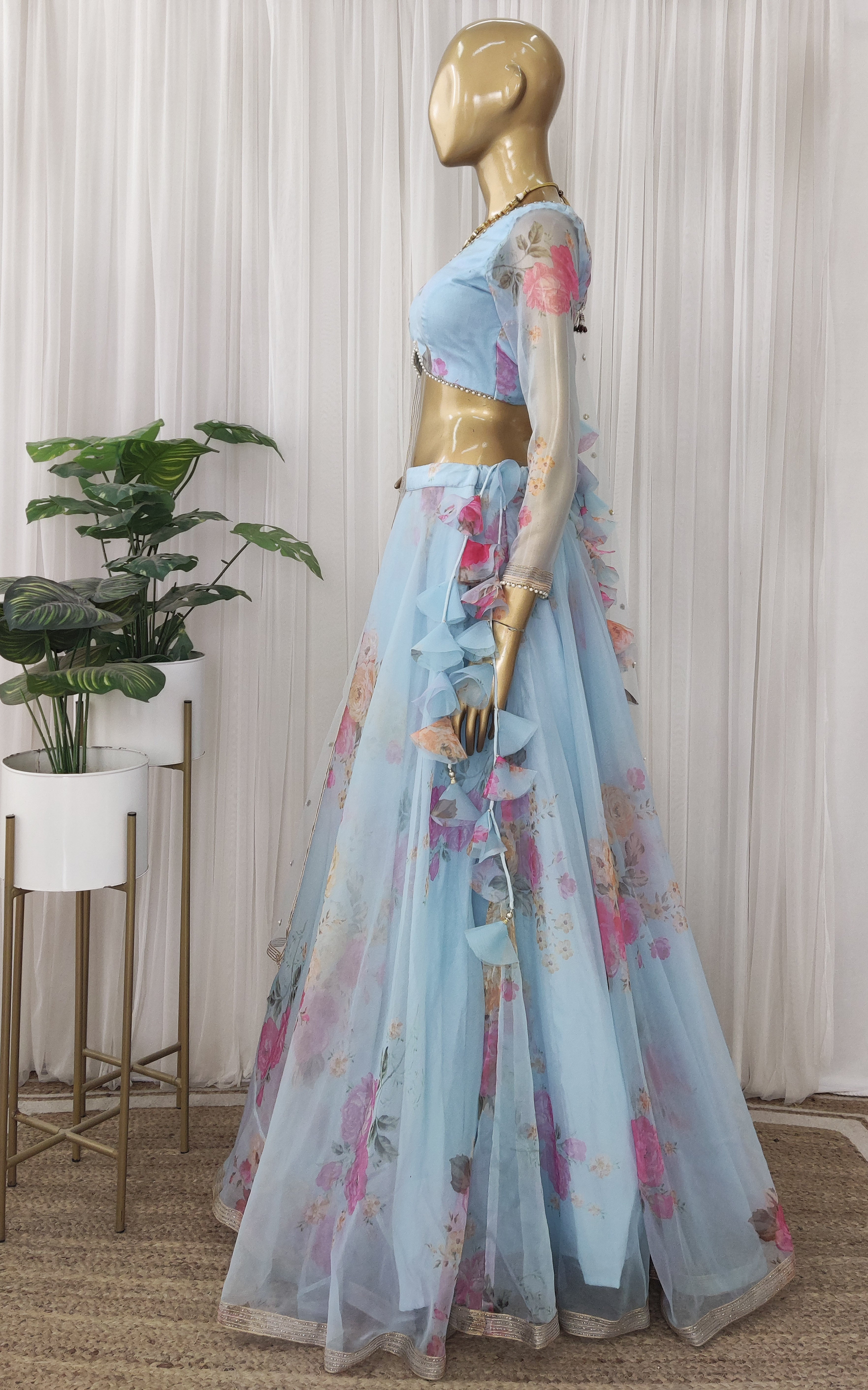 Sky Blue Floral Organza Lehenga