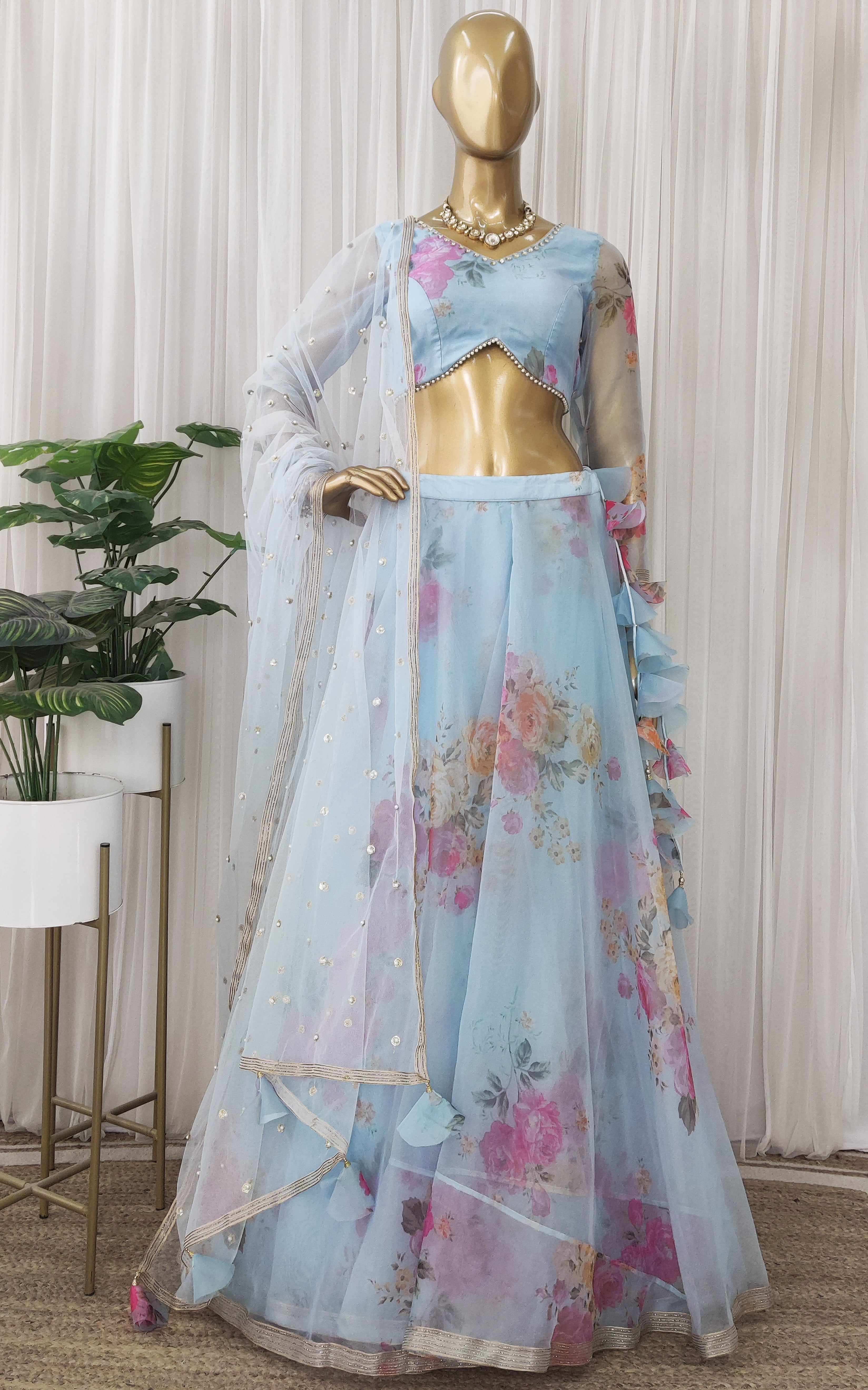 Sky Blue Floral Organza Lehenga