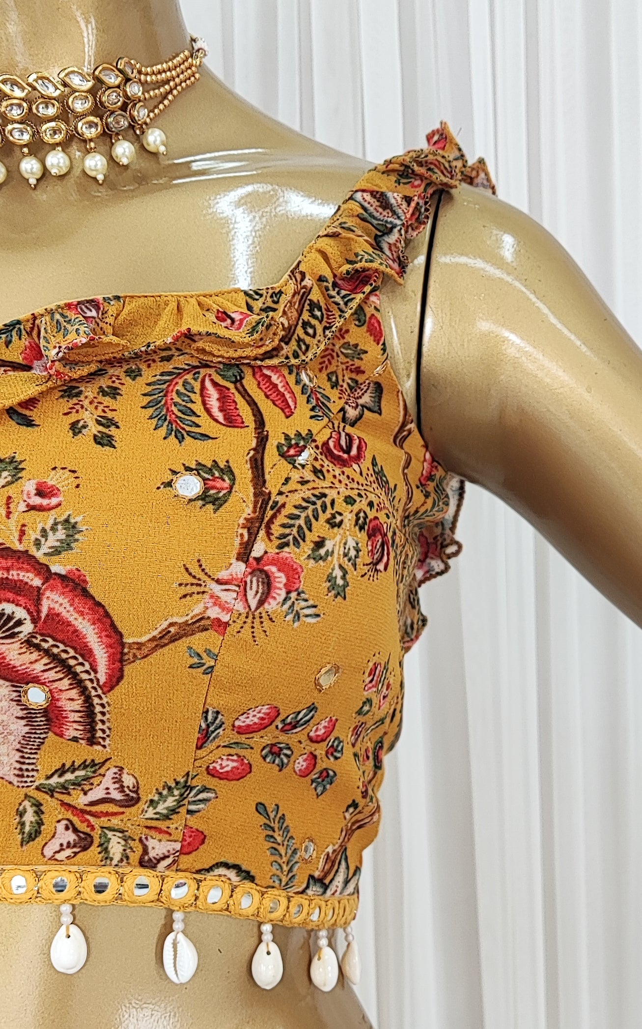 Tropical Yellow Frilly Mirrorwork Georgette Lehenga