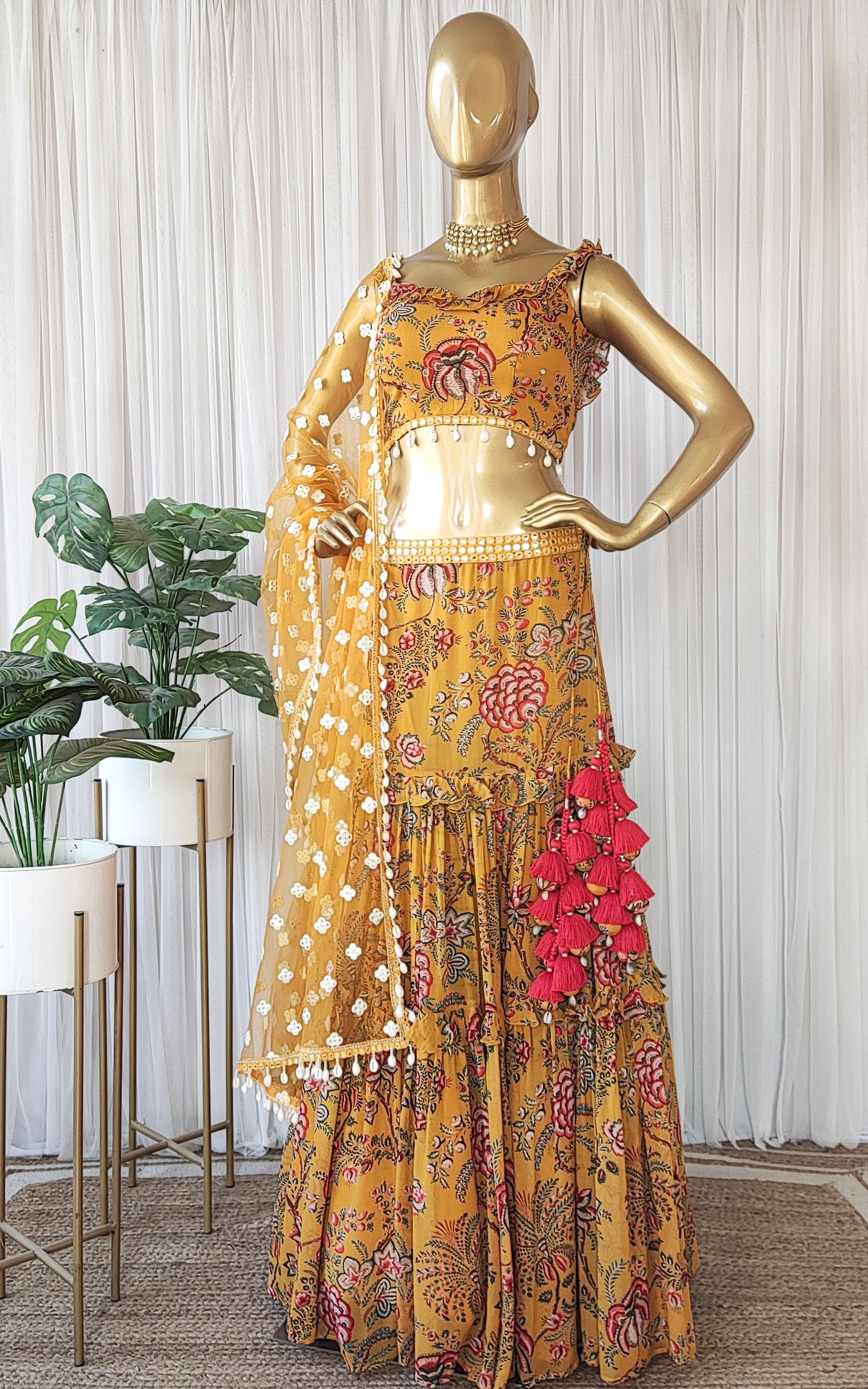 Tropical Yellow Frilly Mirrorwork Georgette Lehenga