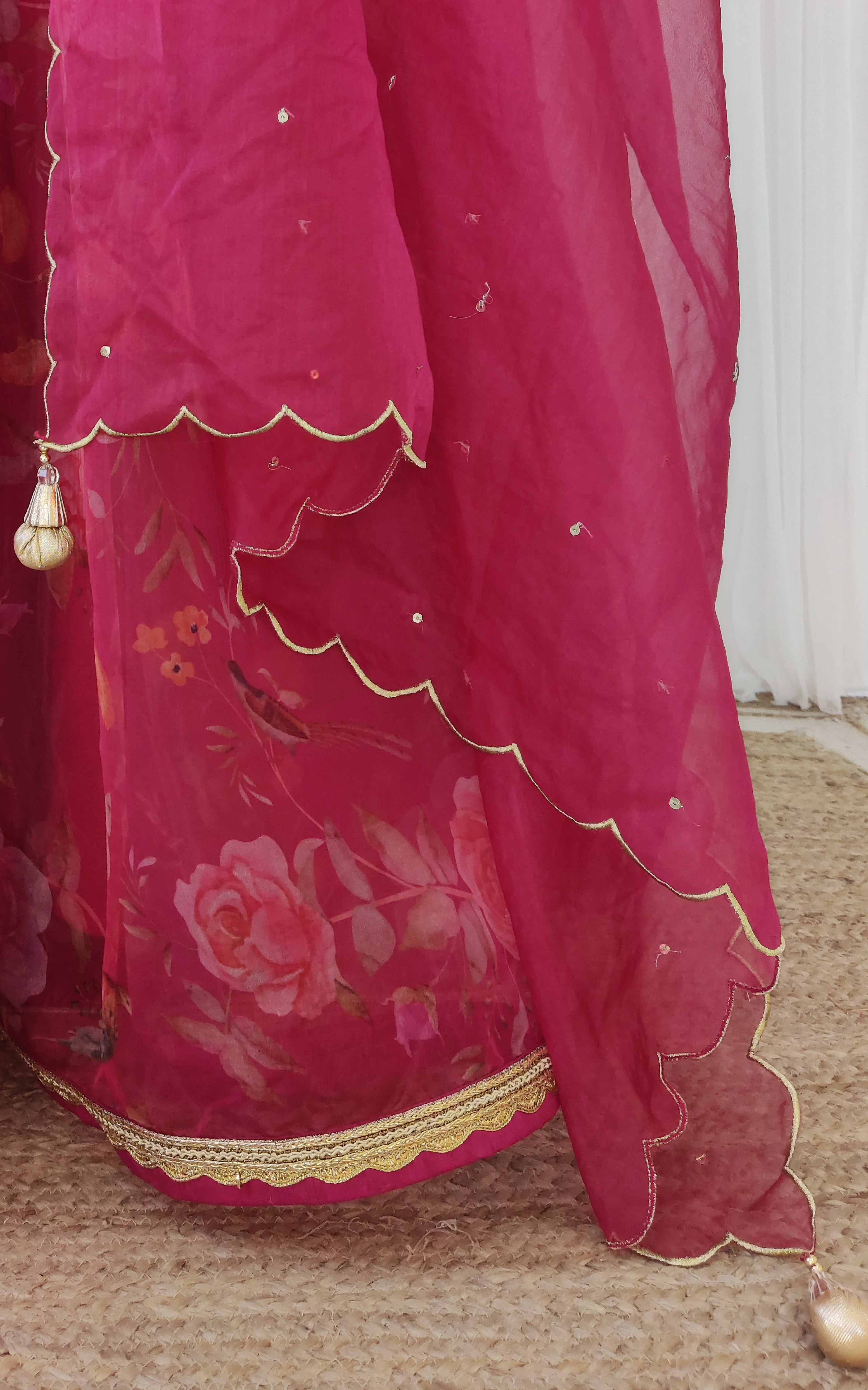 Wine Birdsong Organza Sequin-work Lehenga