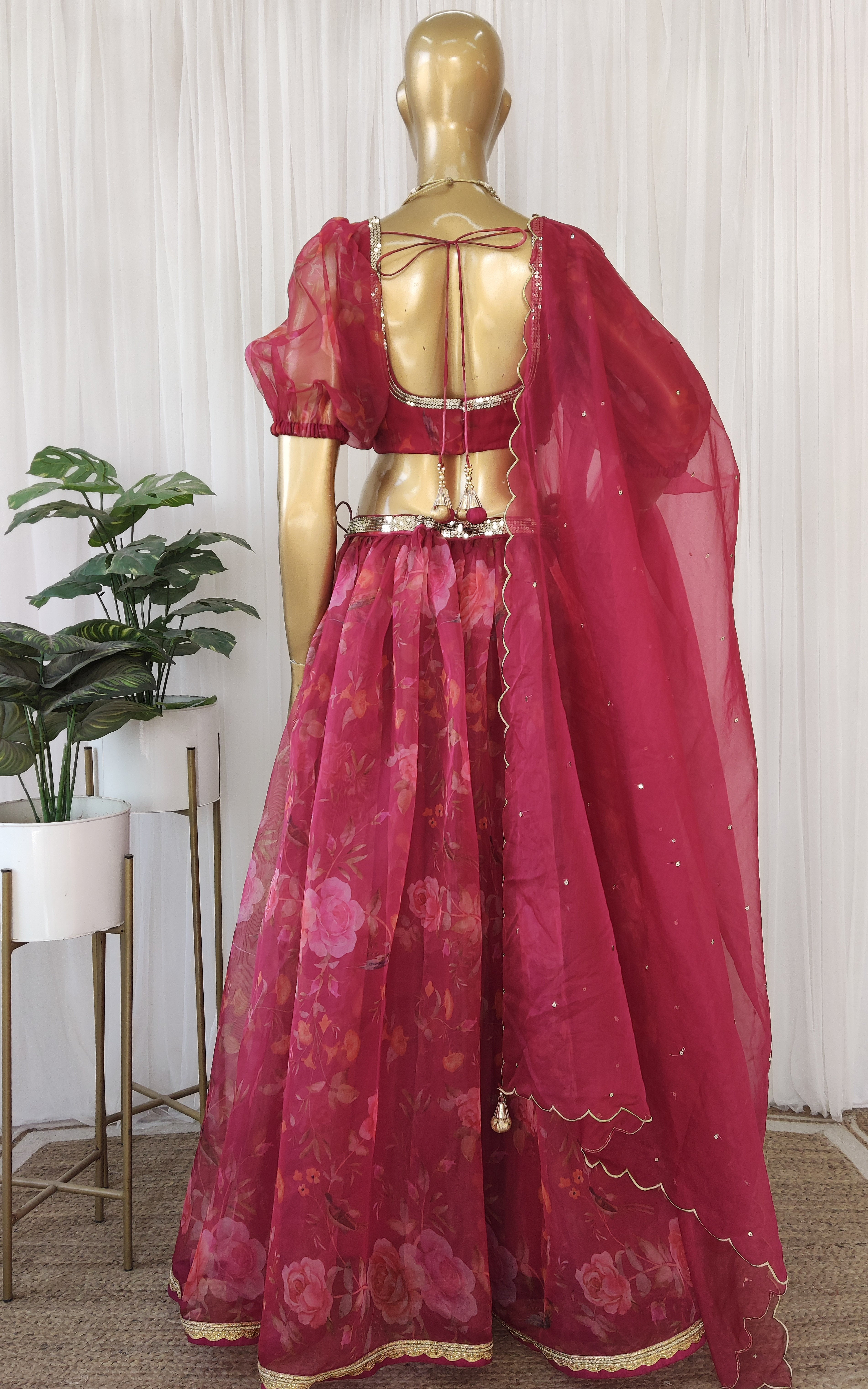 Wine Birdsong Organza Sequin-work Lehenga