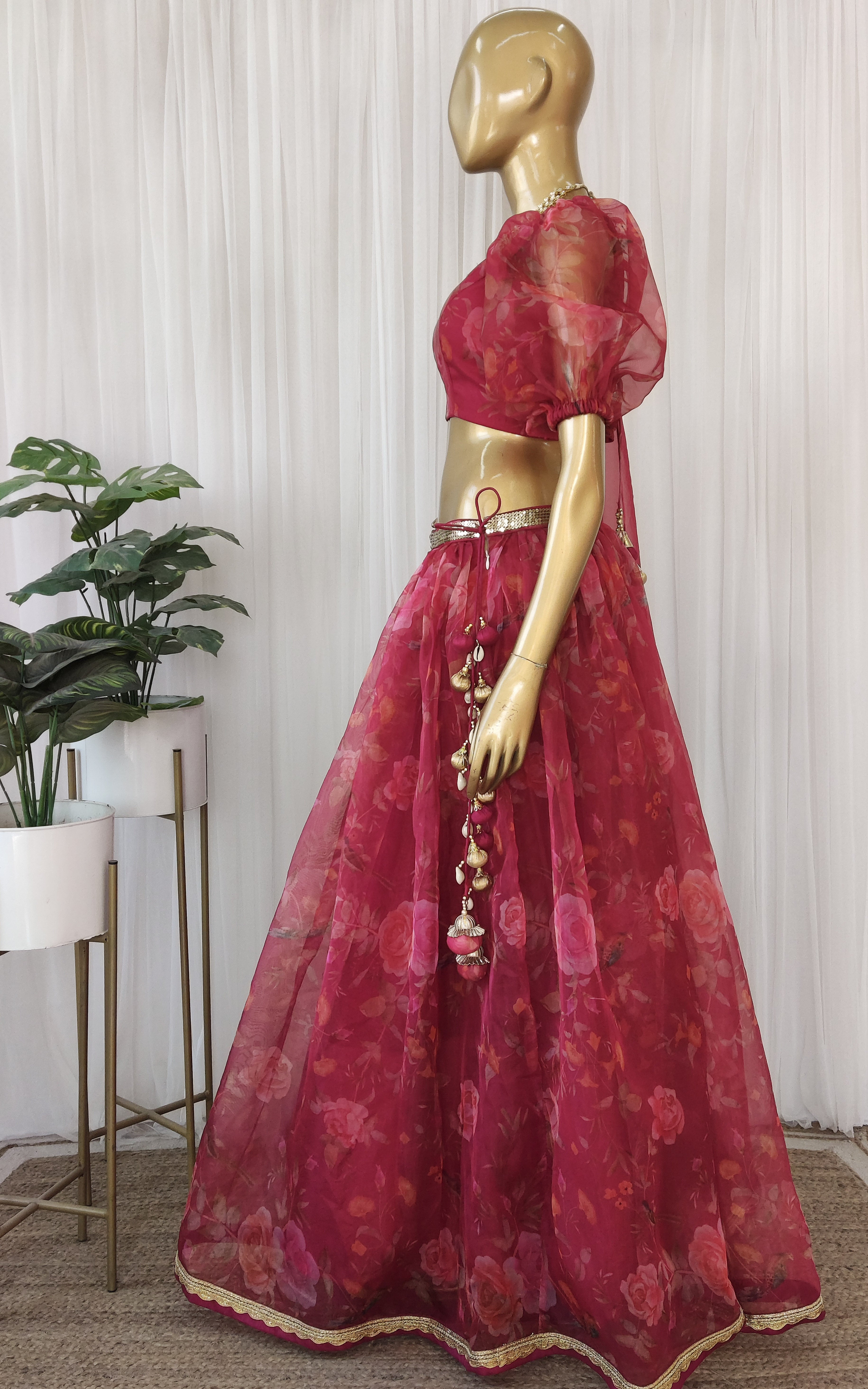 Wine Birdsong Organza Sequin-work Lehenga
