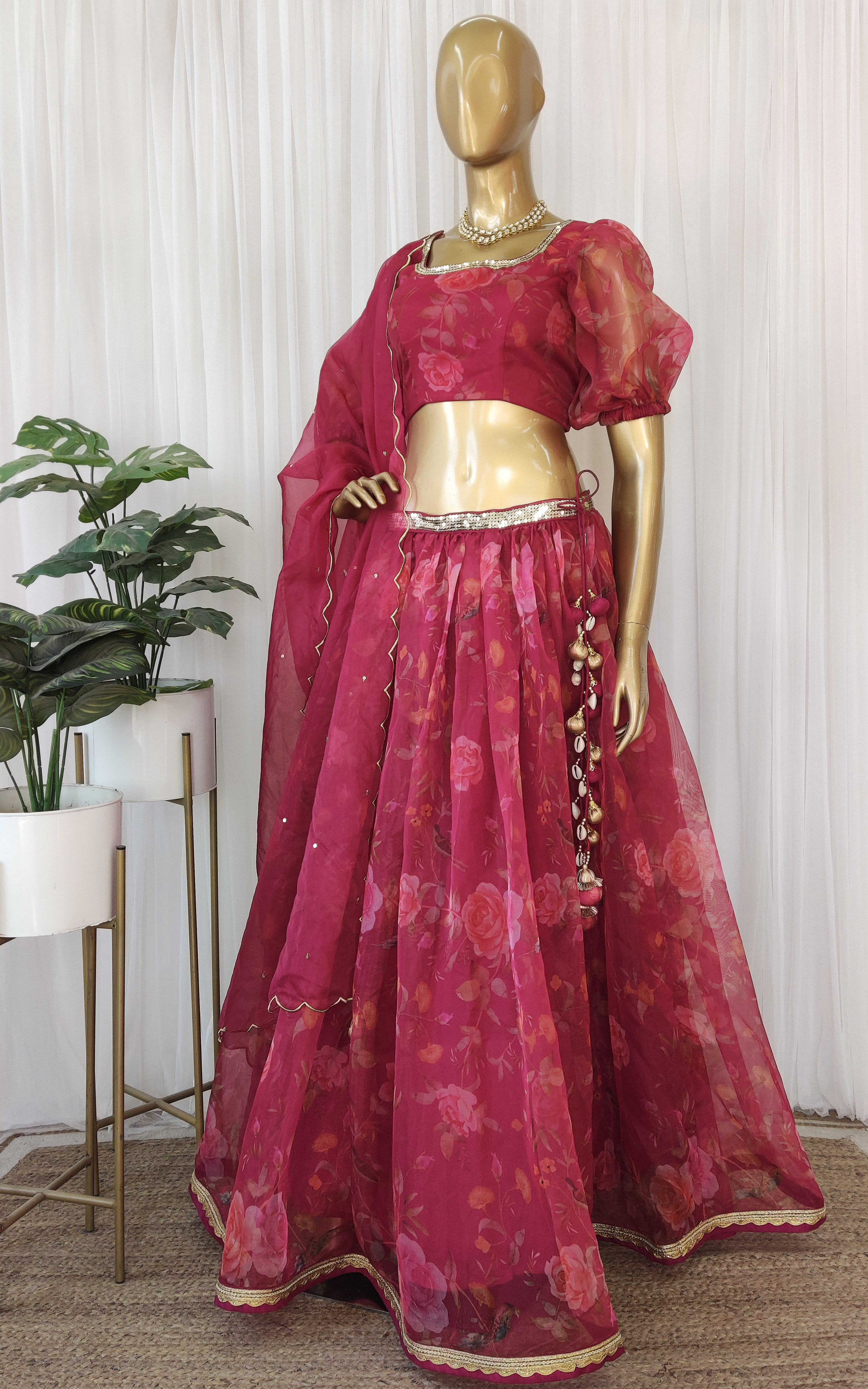 Wine Birdsong Organza Sequin-work Lehenga