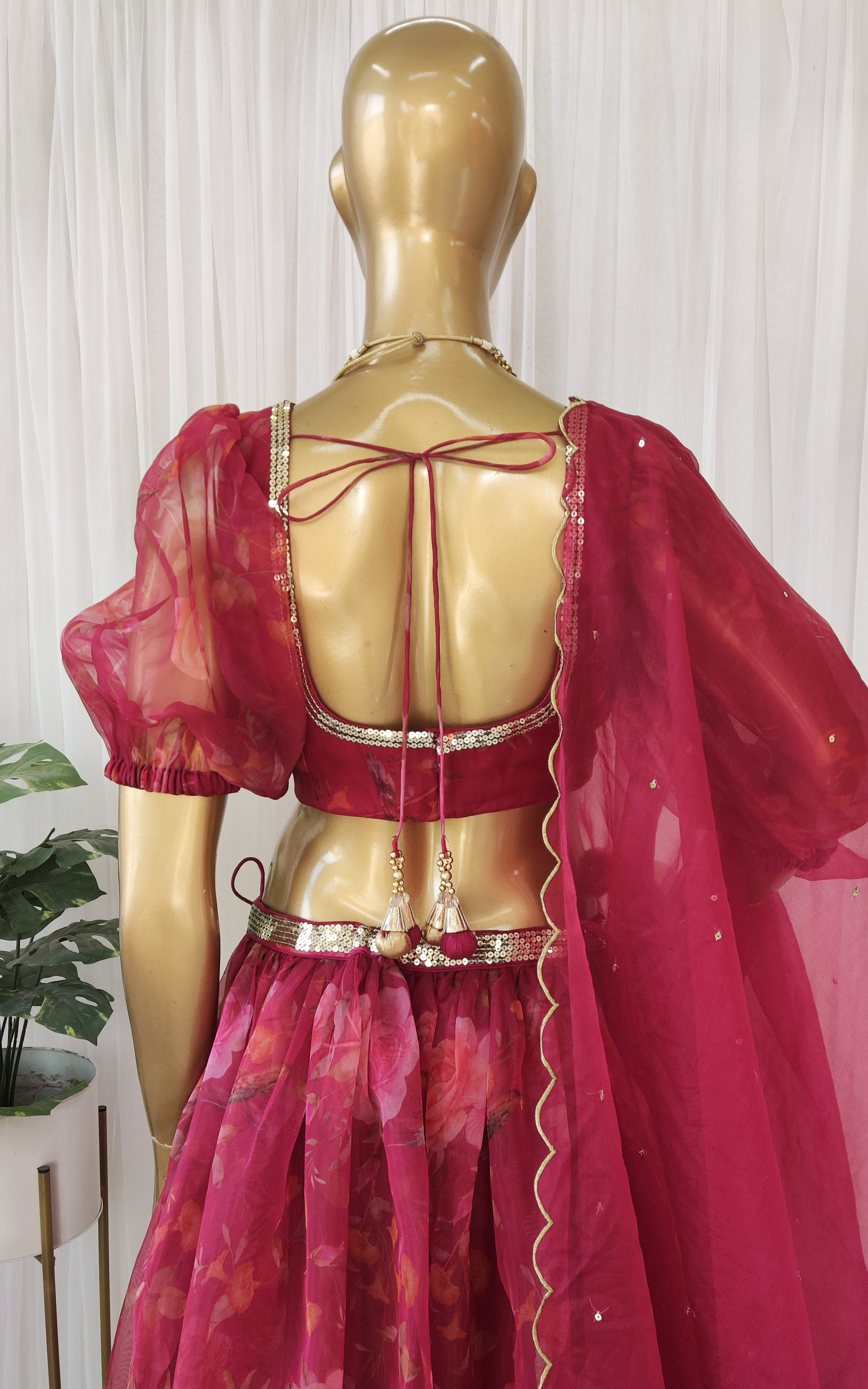 Wine Birdsong Organza Sequin-work Lehenga