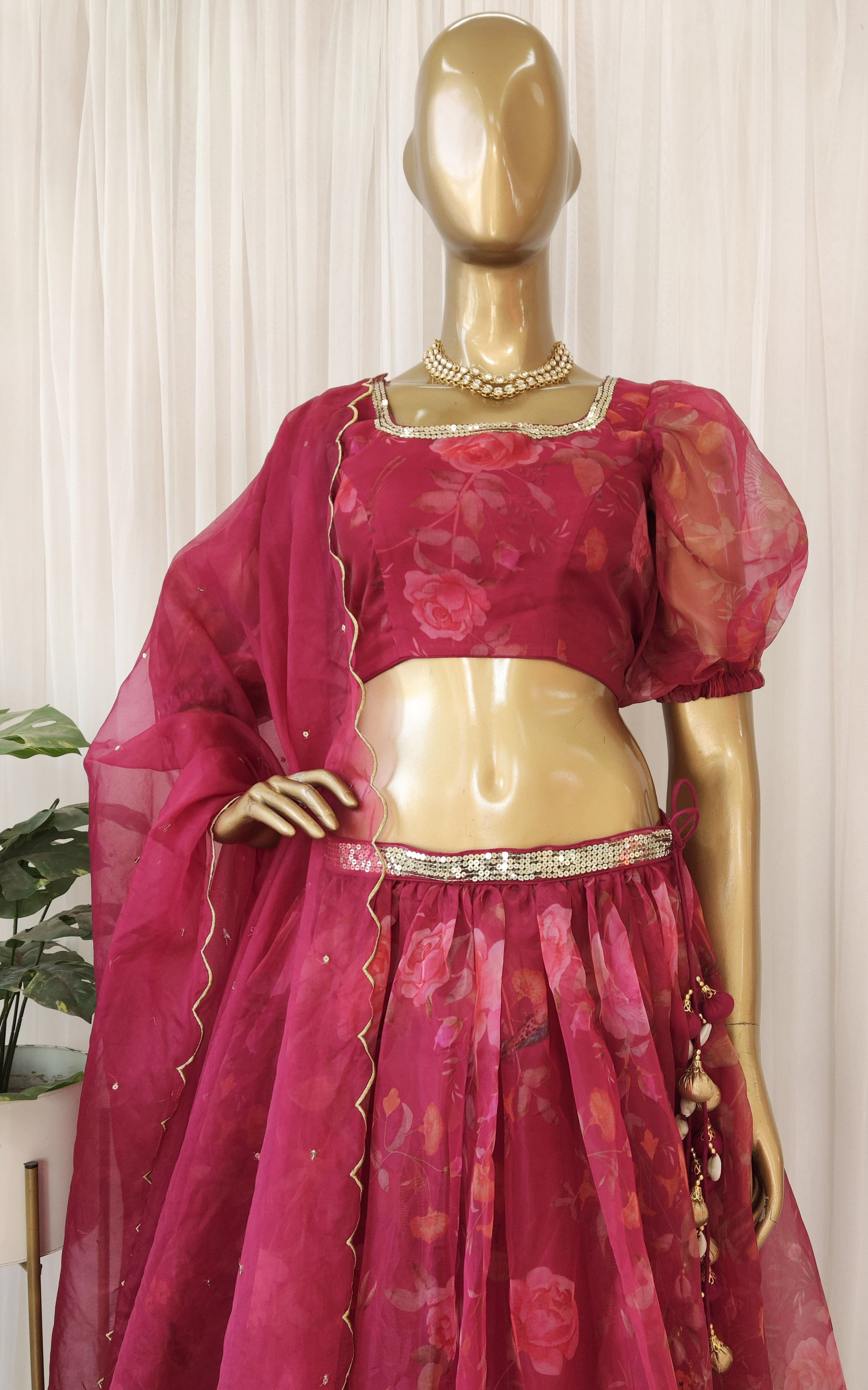 Wine Birdsong Organza Sequin-work Lehenga