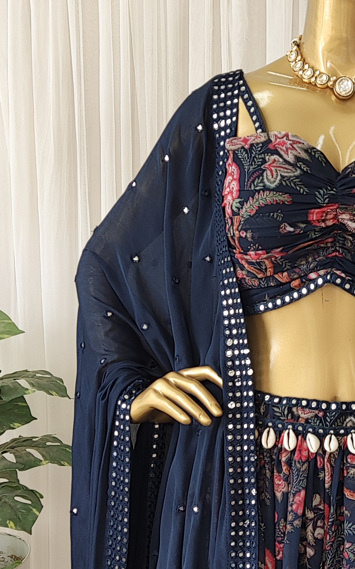Navy Blue Tropical Mirrorwork Georgette Lehenga