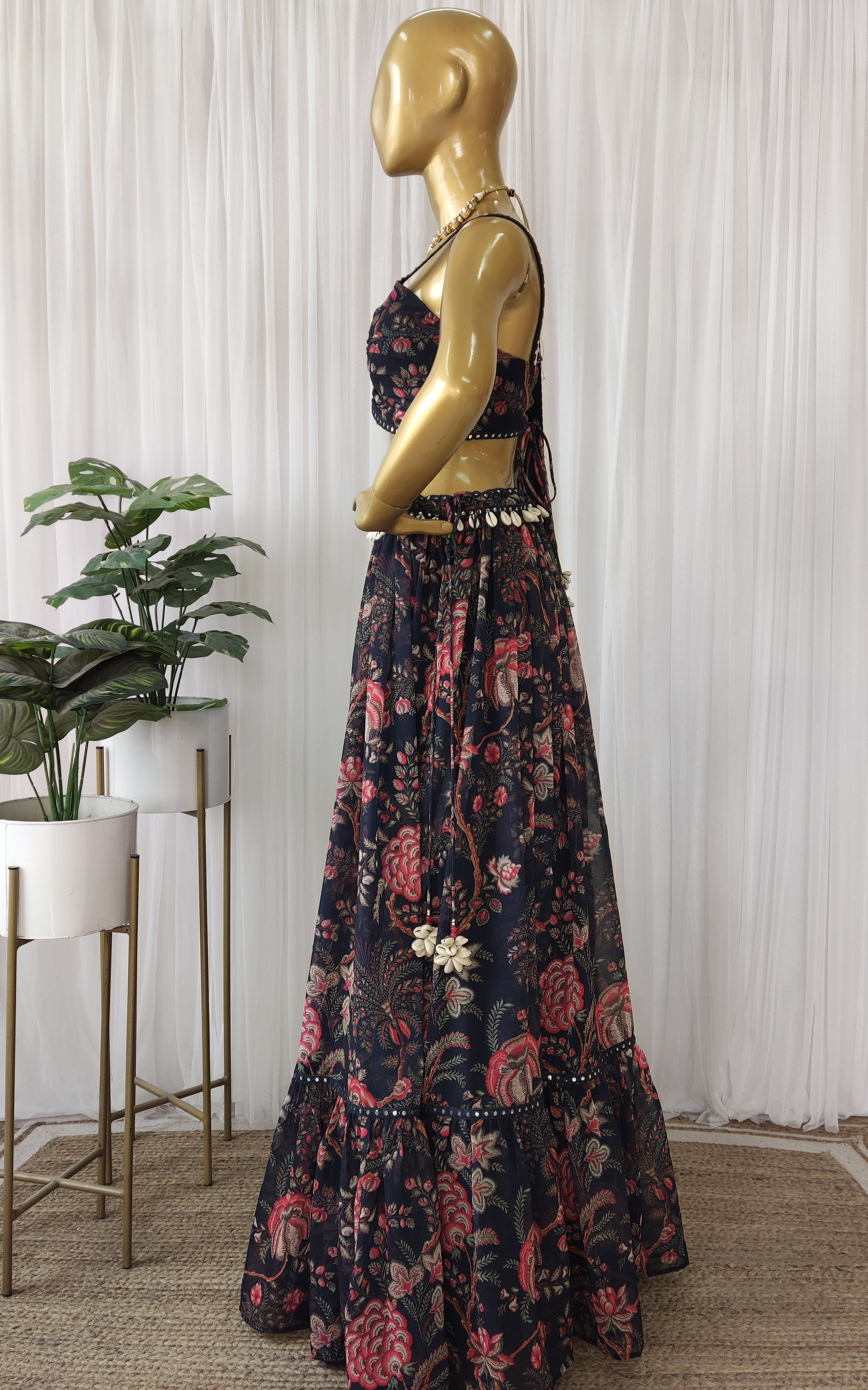 Navy Blue Tropical Mirrorwork Georgette Lehenga