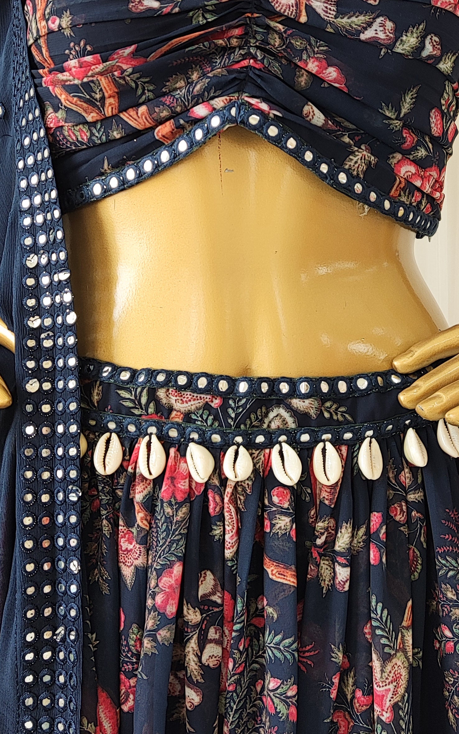Navy Blue Tropical Mirrorwork Georgette Lehenga