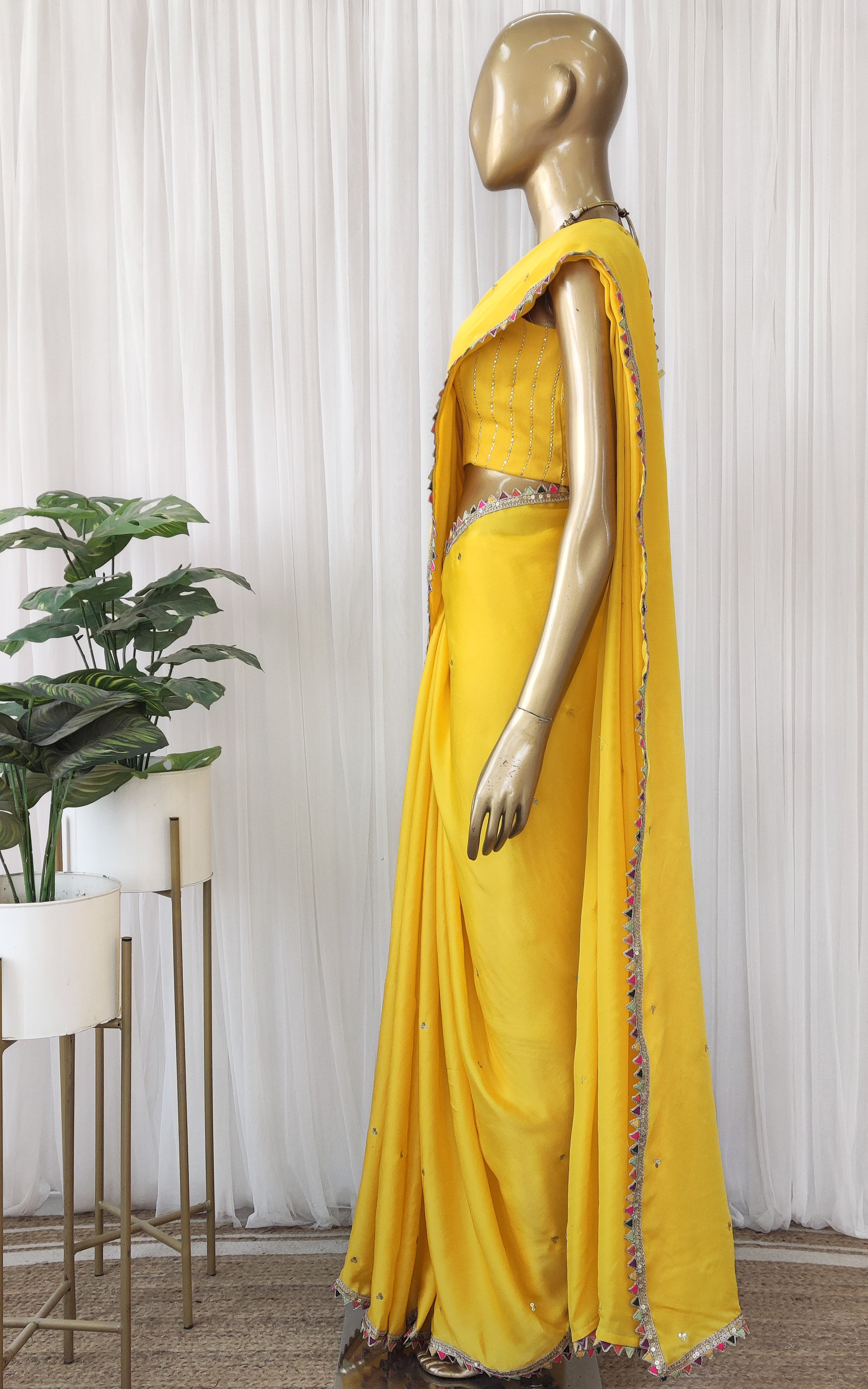 Yellow Sequinwork Satin Organza Saree