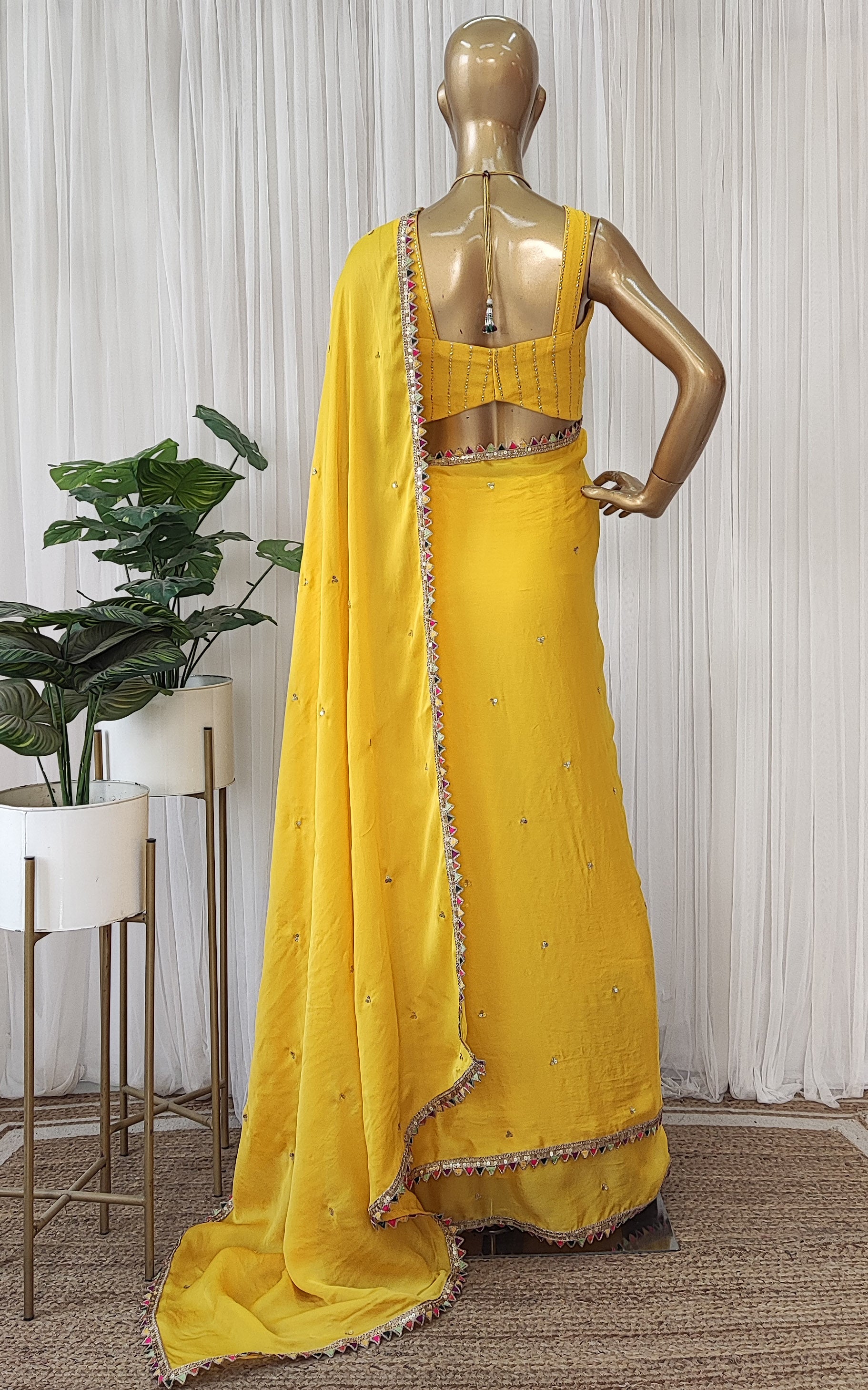 Yellow Sequinwork Satin Organza Saree