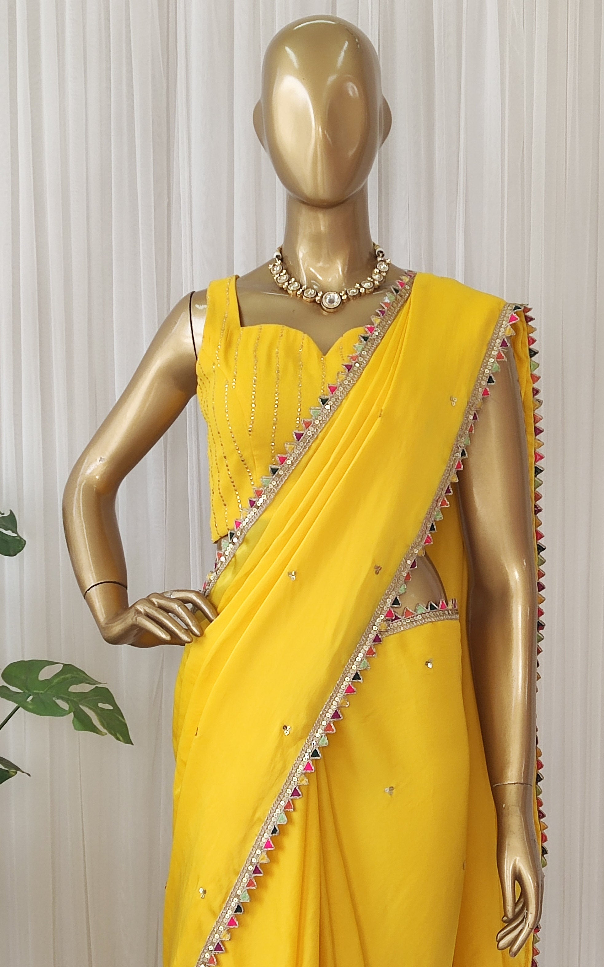 Yellow Sequinwork Satin Organza Saree