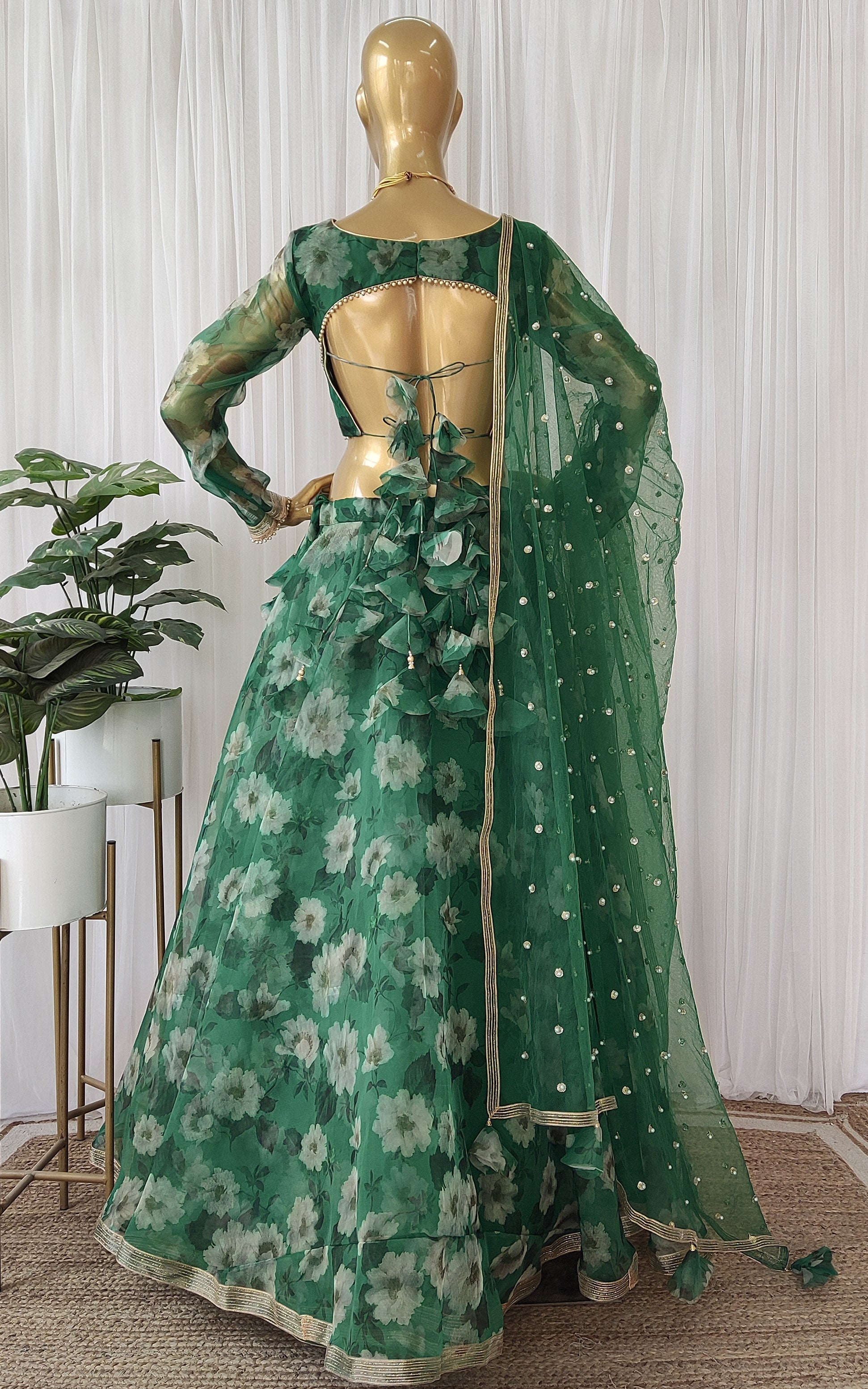 Forest Green Floral Organza Lehenga